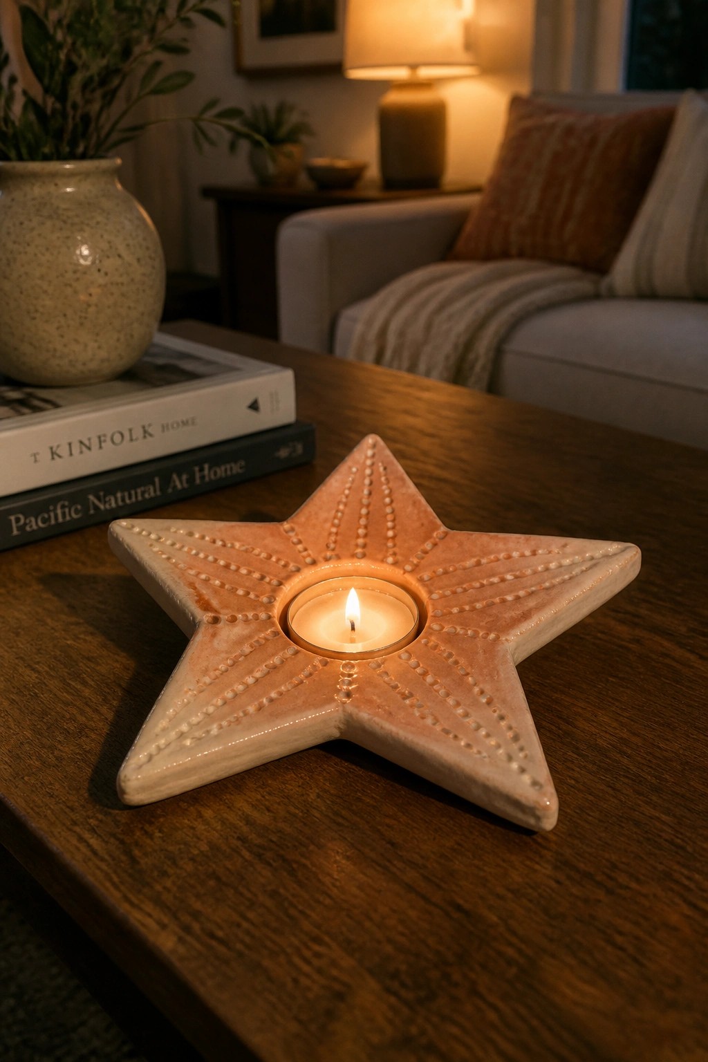 Pink star-shaped ceramic holder with lit tea light on wooden table