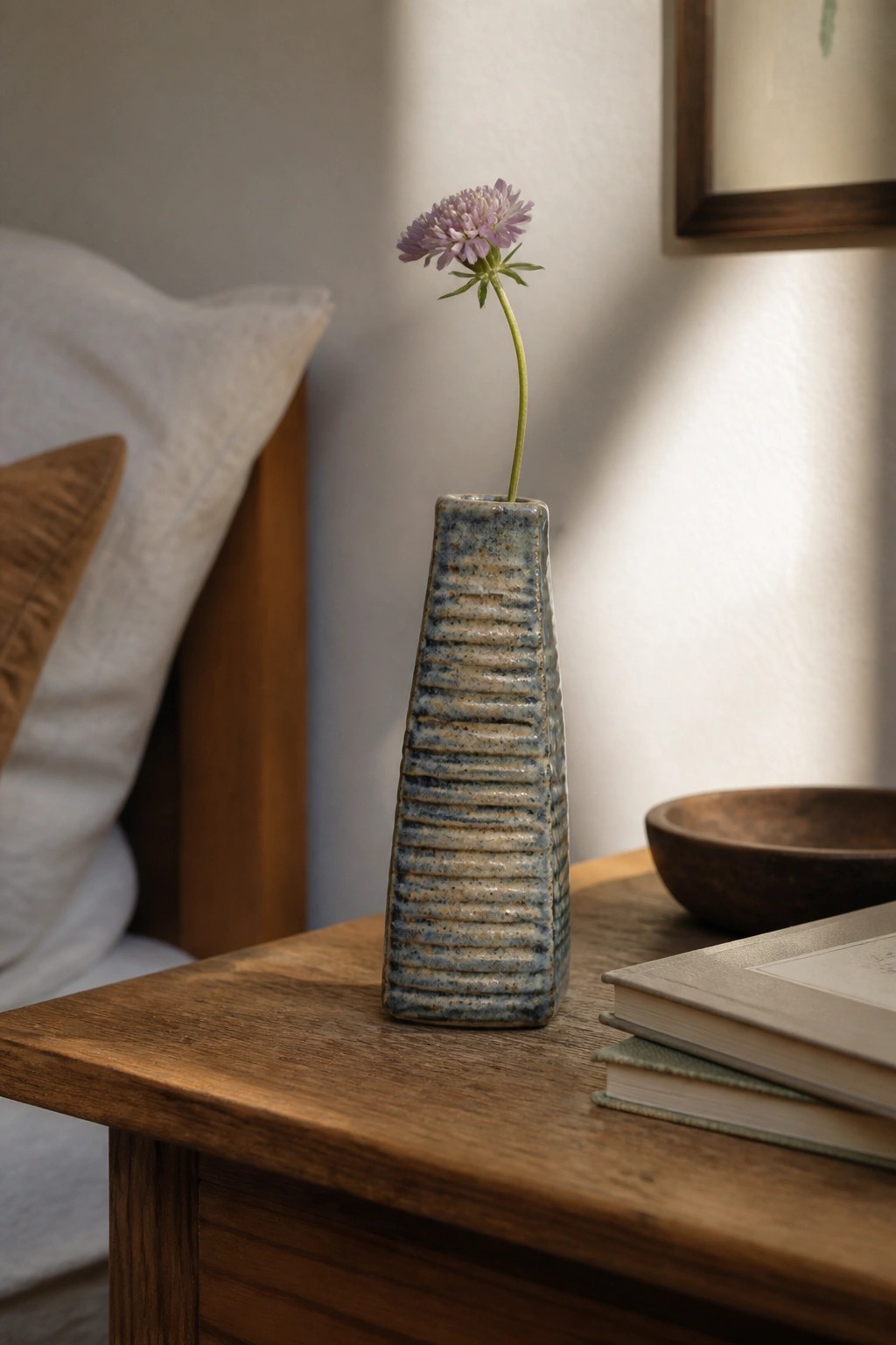 Blue ribbed vase with purple flower on wooden table beside books and bowl