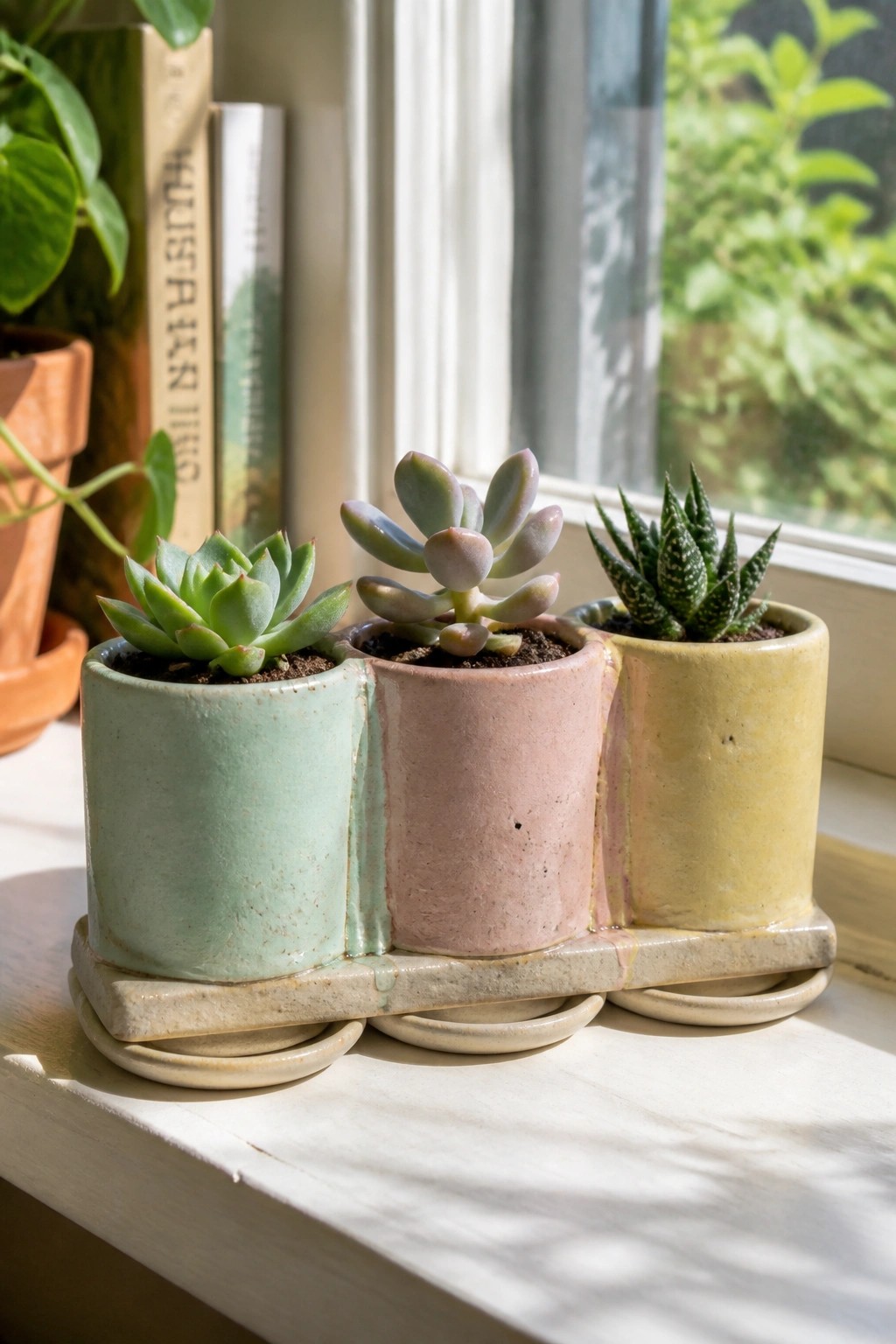 Three succulents in mint green, pink, and yellow ceramic pots on windowsill