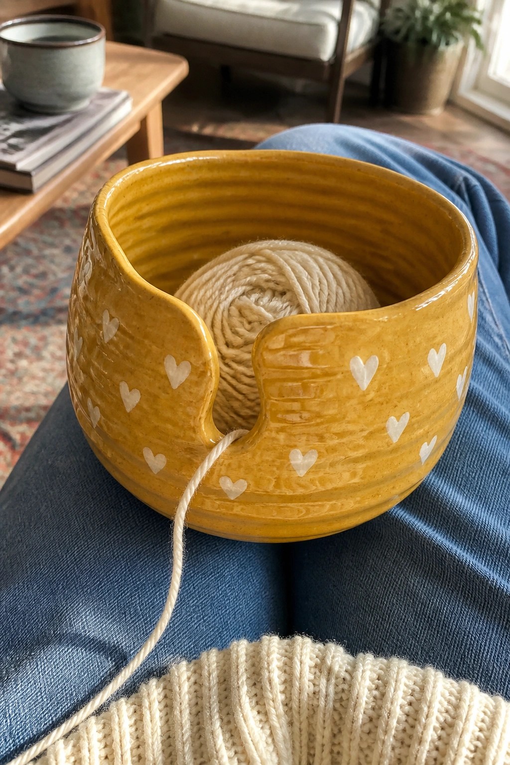 Yellow heart-patterned yarn bowl with cream yarn on blue jeans lap