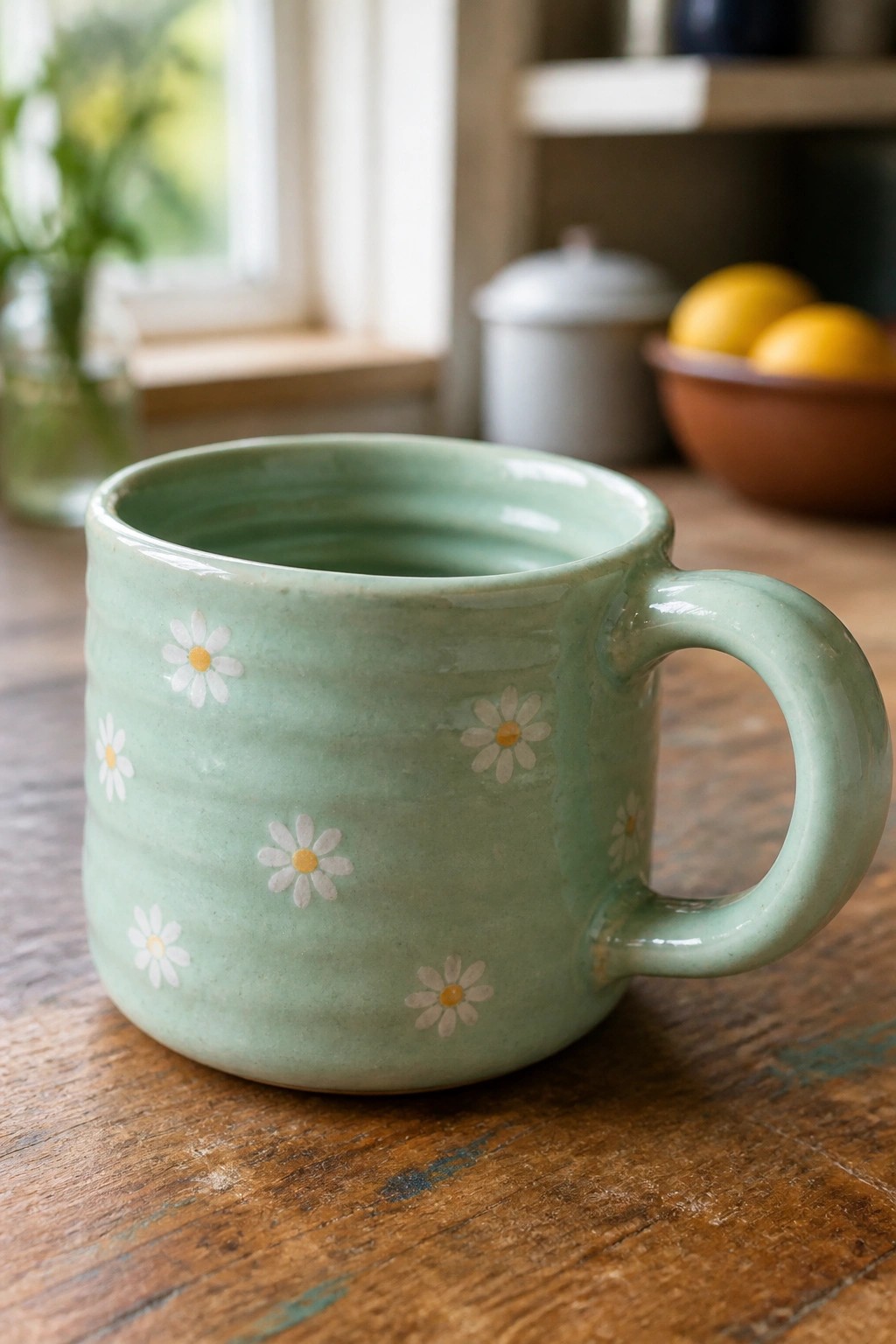 Light green ceramic mug with white daisy patterns on wooden table.