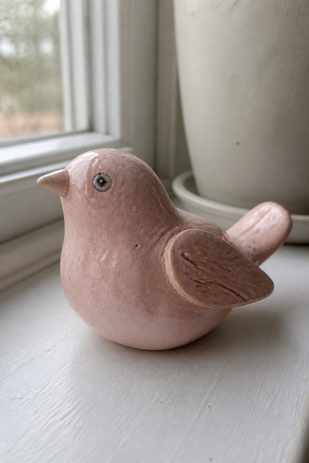 Pink ceramic bird figurine on a white windowsill near a window and pot.