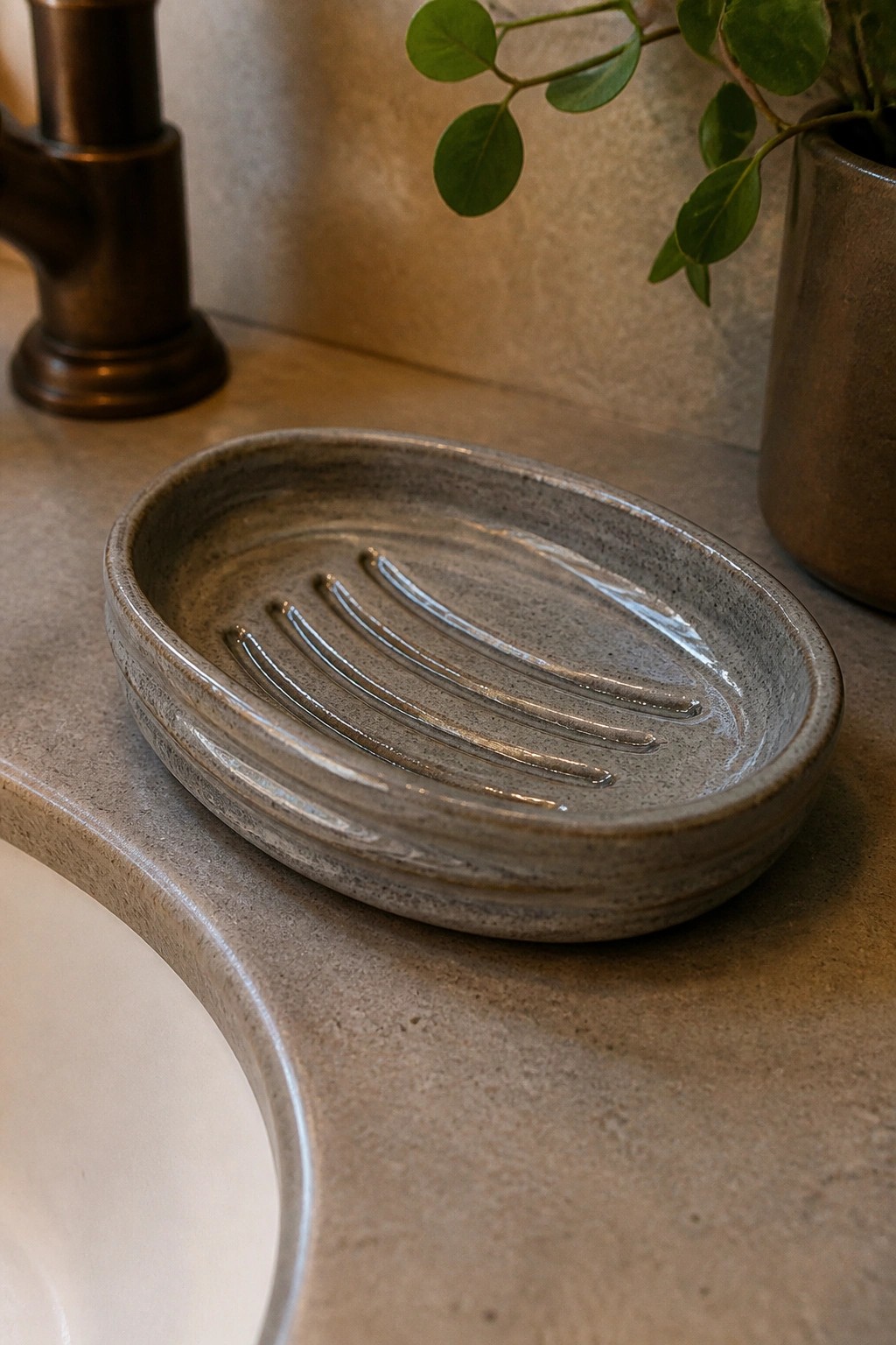 Gray ceramic soap dish with ridges on stone bathroom countertop near faucet and plant