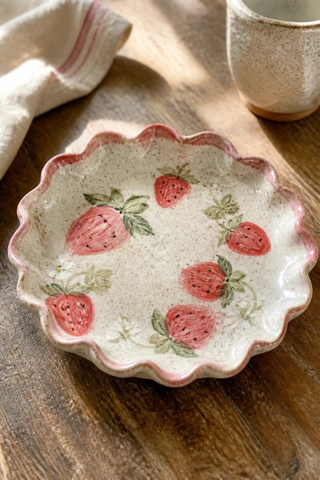 Scalloped ceramic bowl with strawberries on wooden table beside striped napkin and mug