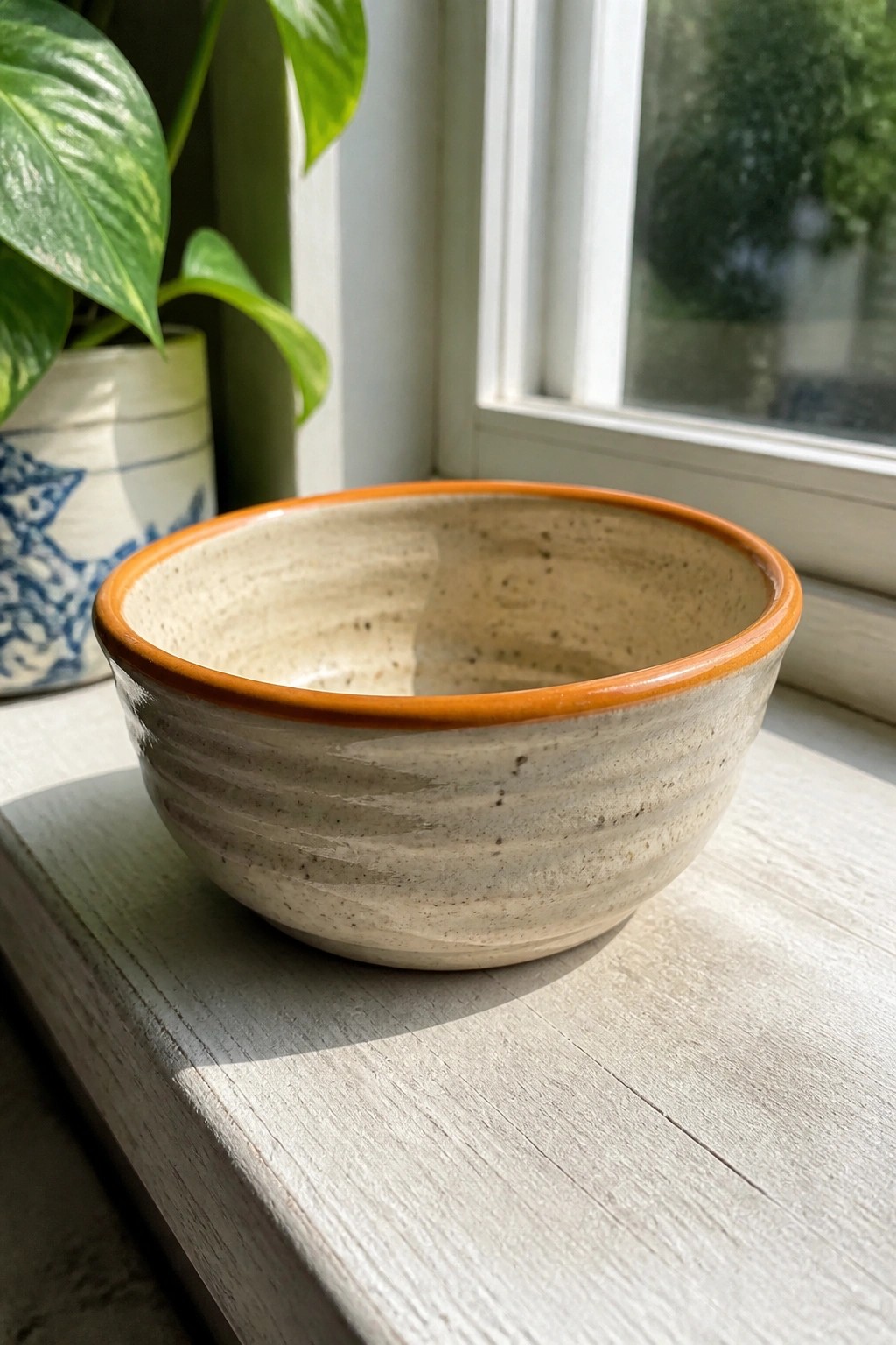 Speckled beige ceramic bowl with orange rim on white wooden windowsill by plant