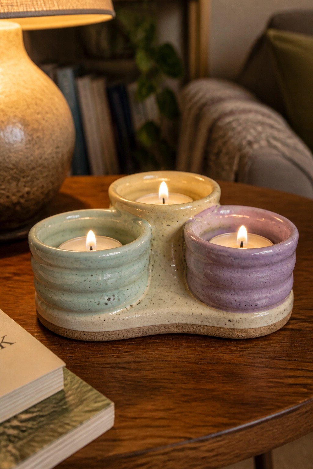 Three lit candles in a speckled ceramic holder with green, purple, and beige sections