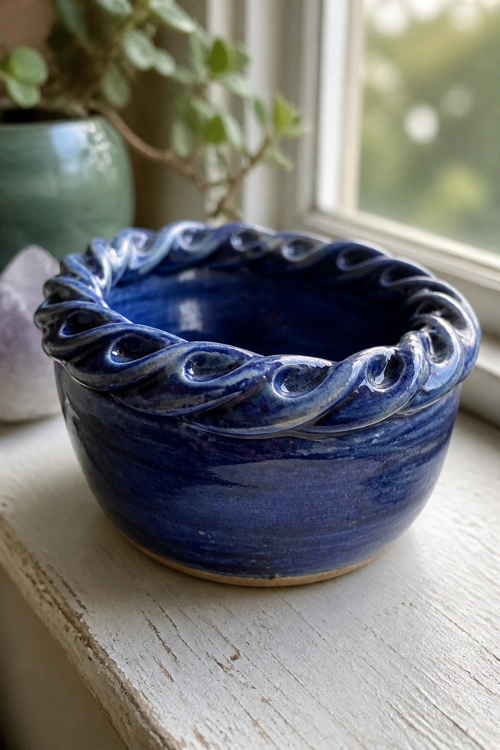 Blue ceramic bowl with braided rim on white windowsill near crystal and plant