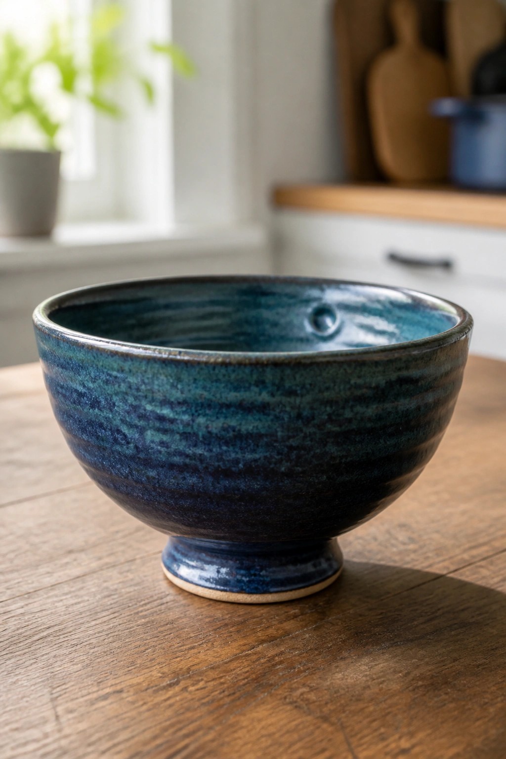 A blue ceramic bowl with horizontal glaze stripes and a small interior mark sits on a wooden table.
