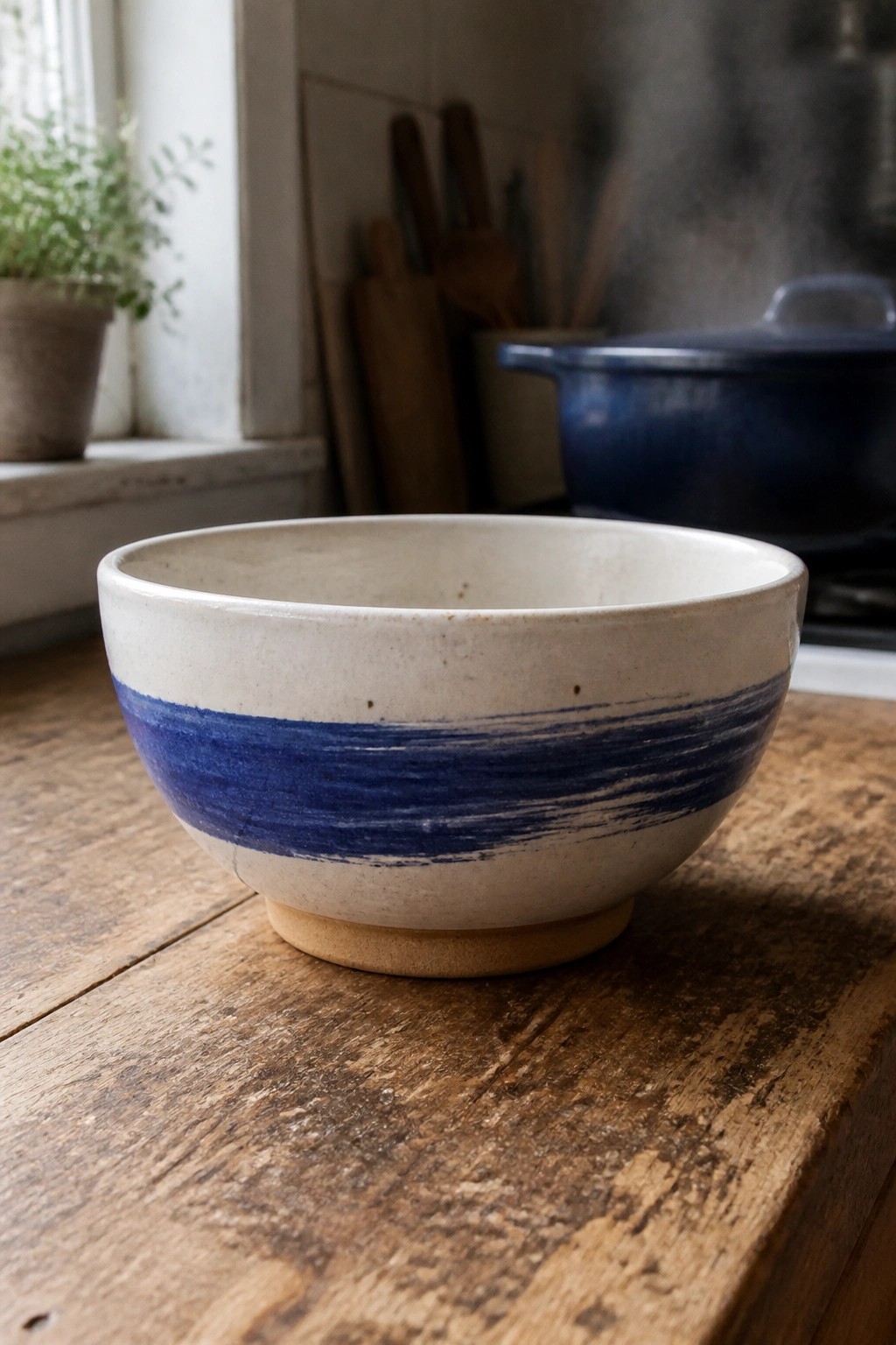 White ceramic bowl with blue stripe on rustic wooden kitchen table