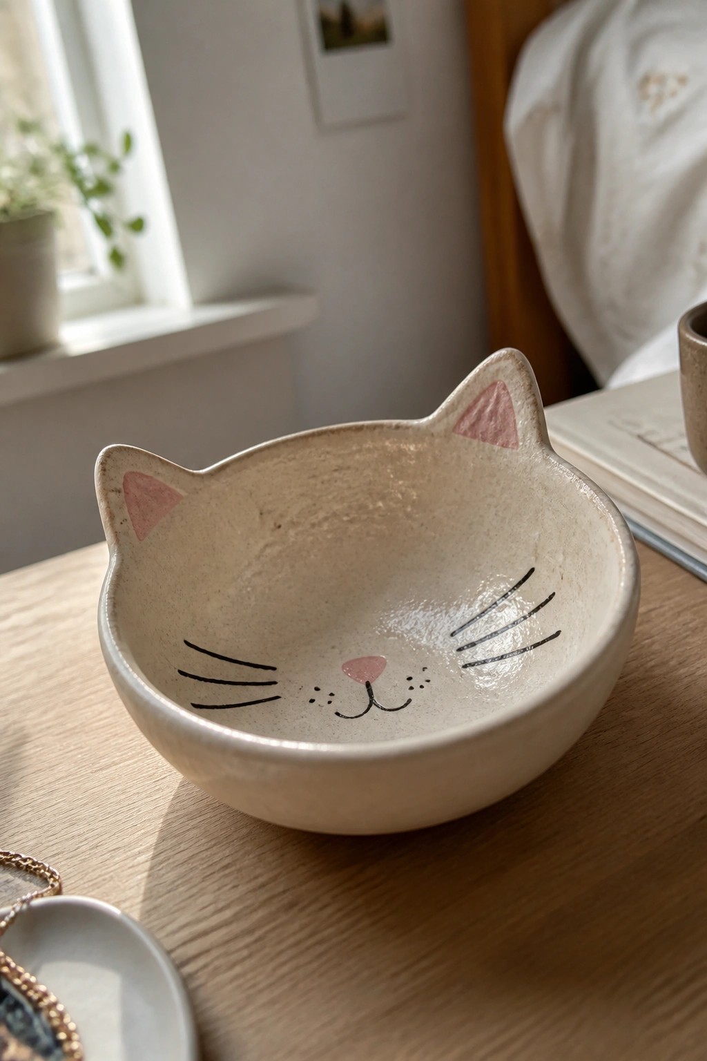 Ceramic cat face bowl with pink ears, whiskers, and nose on wooden table