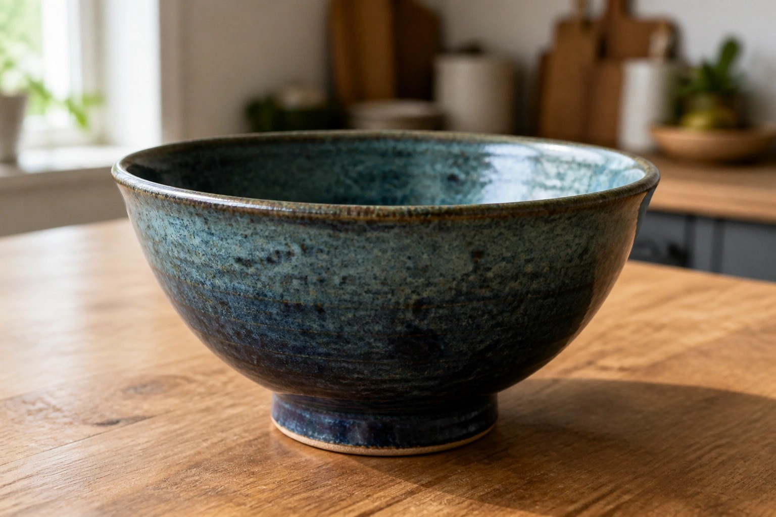 A blue ceramic bowl with horizontal glaze stripes and a small interior mark sits on a wooden table.