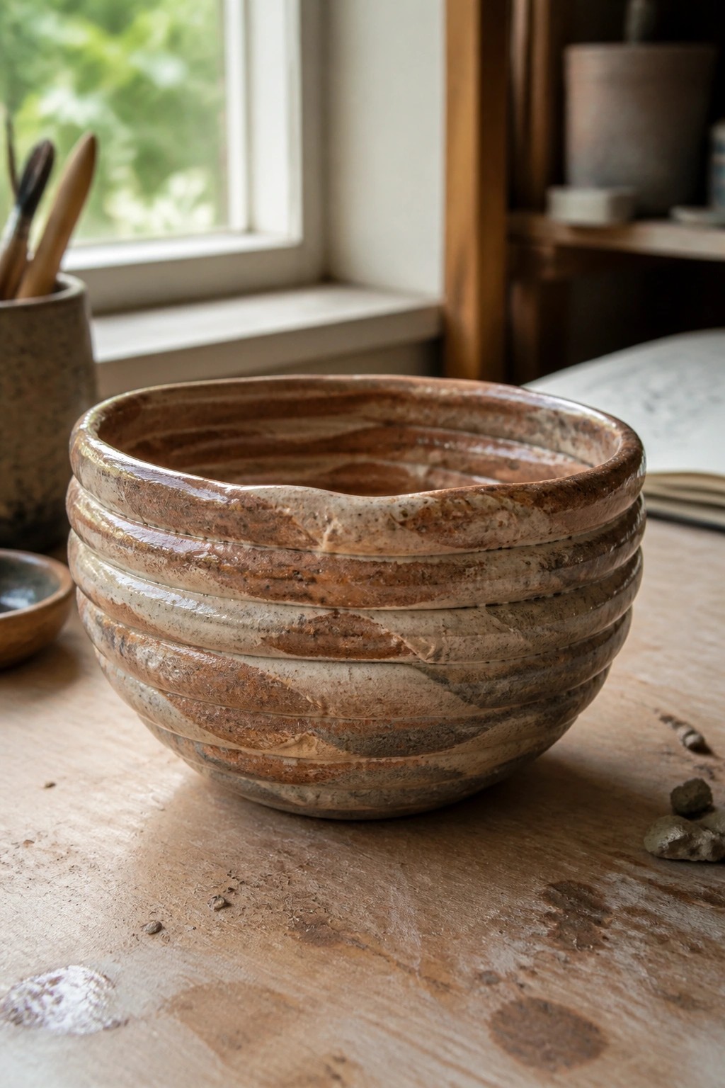 Handmade ceramic bowl with earthy brown and beige horizontal ridges on wooden table