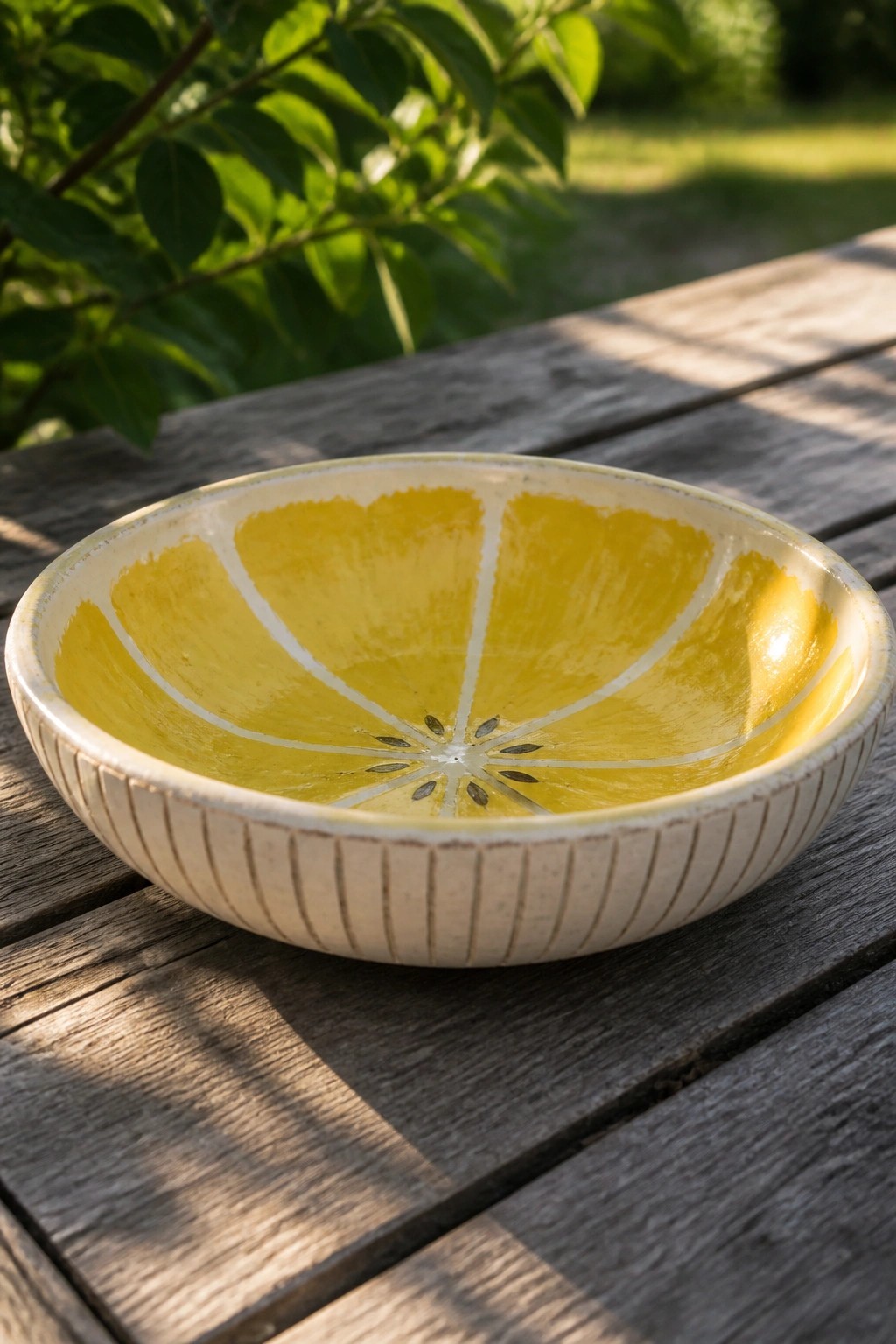 Yellow ceramic bowl with lemon-slice design on sunlit wooden table outdoors