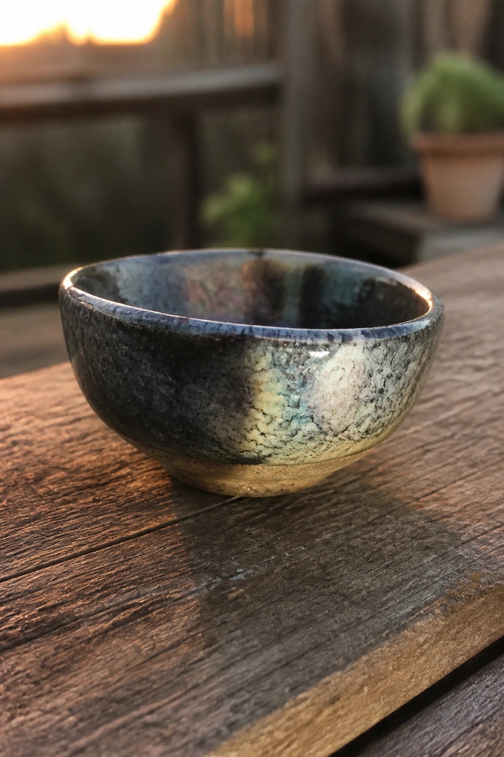 Rustic ceramic bowl with mottled blue-green glaze on weathered wooden table at sunset