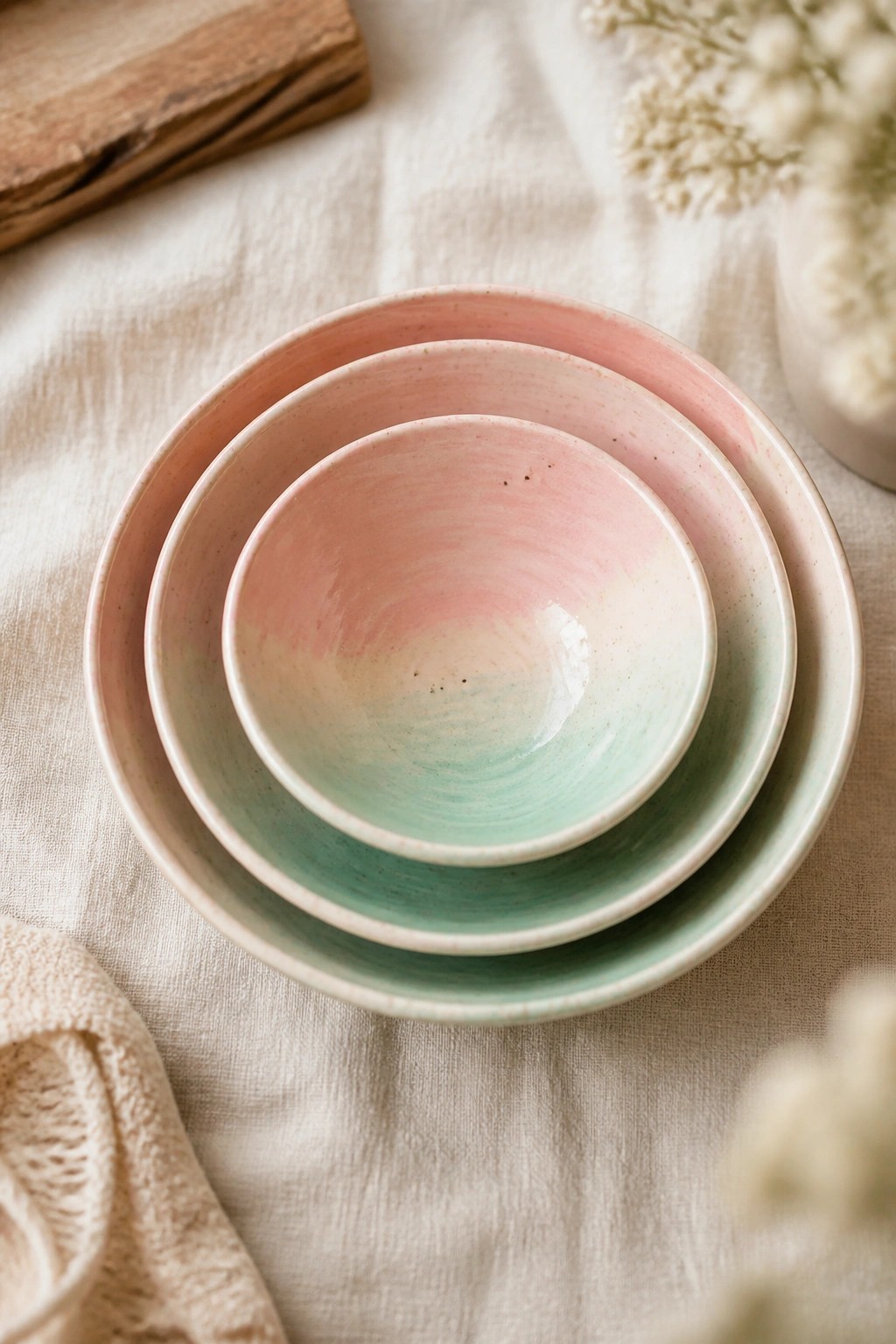 Three nested pink and green ceramic bowls on beige linen fabric