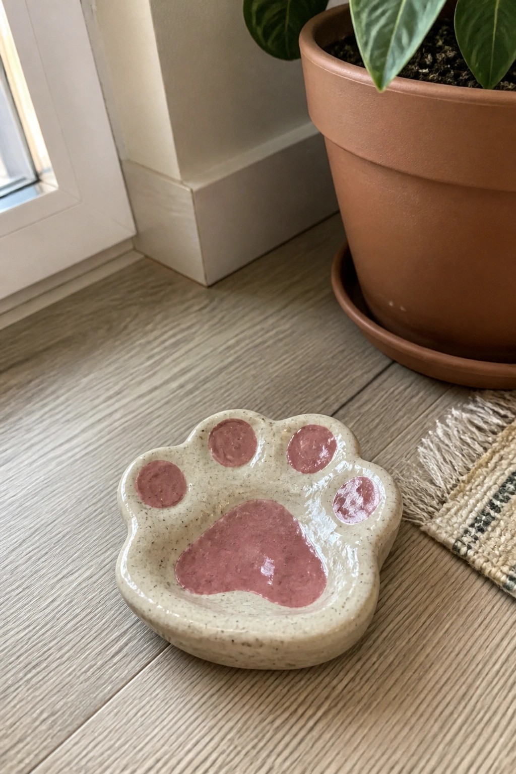 Ceramic paw-shaped dish with pink pads on wooden floor beside plant pot