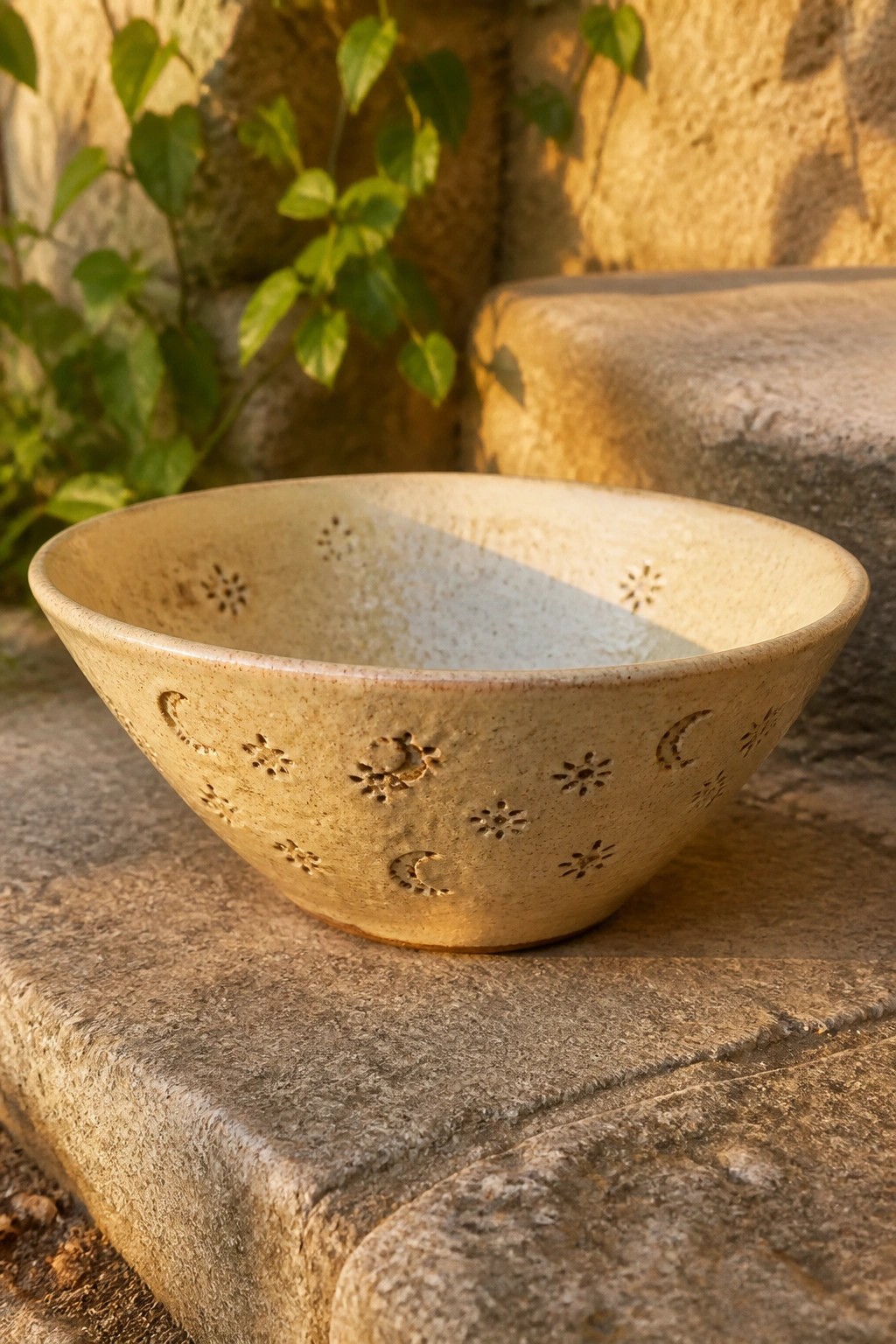 Creamy ceramic bowl with celestial cutouts on sunlit stone steps beside green plants