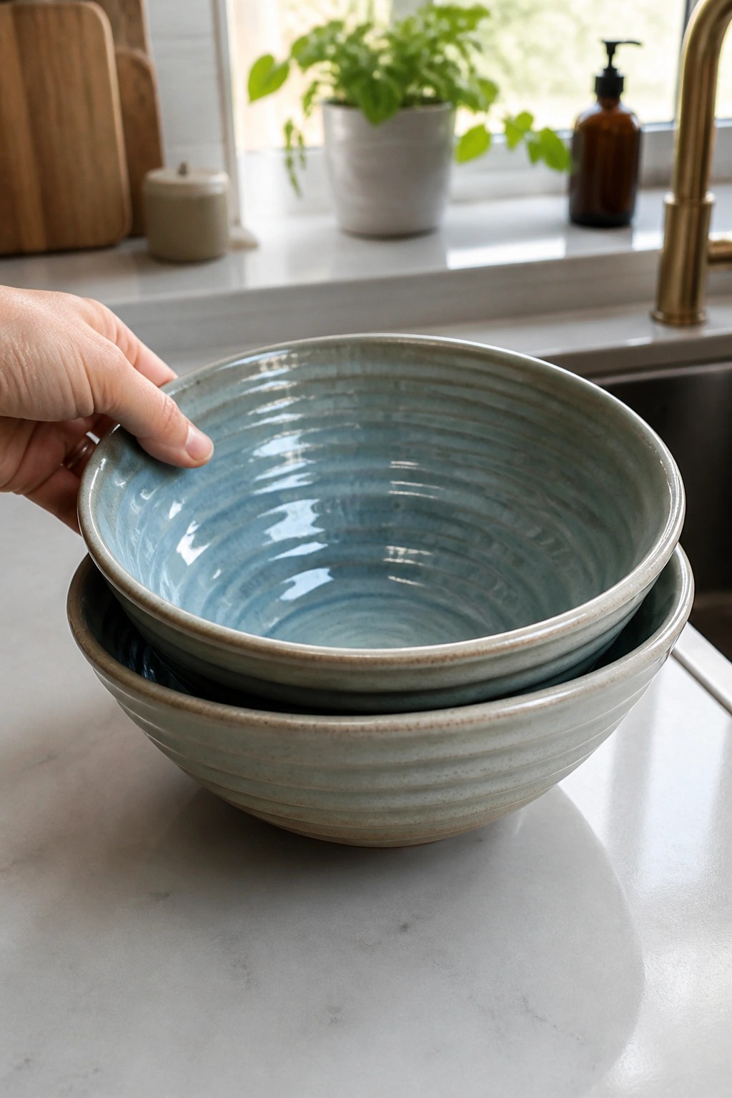 Hand holding stacked ridged blue ceramic bowls on marble kitchen counter