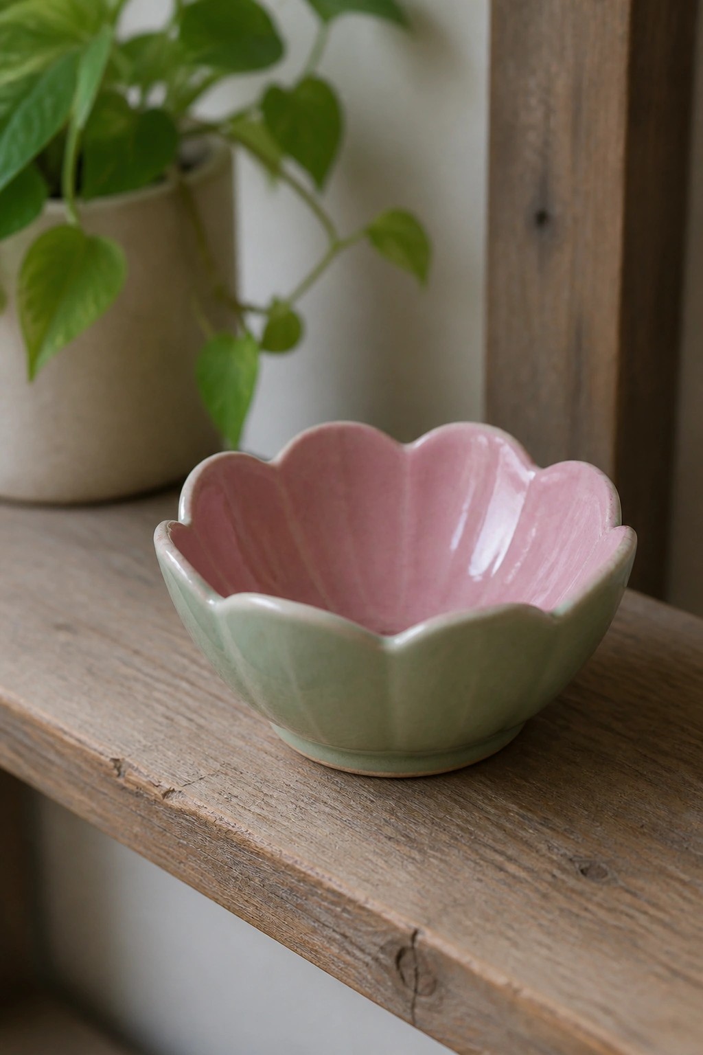Pink and green scalloped ceramic bowl on wooden shelf with plant behind