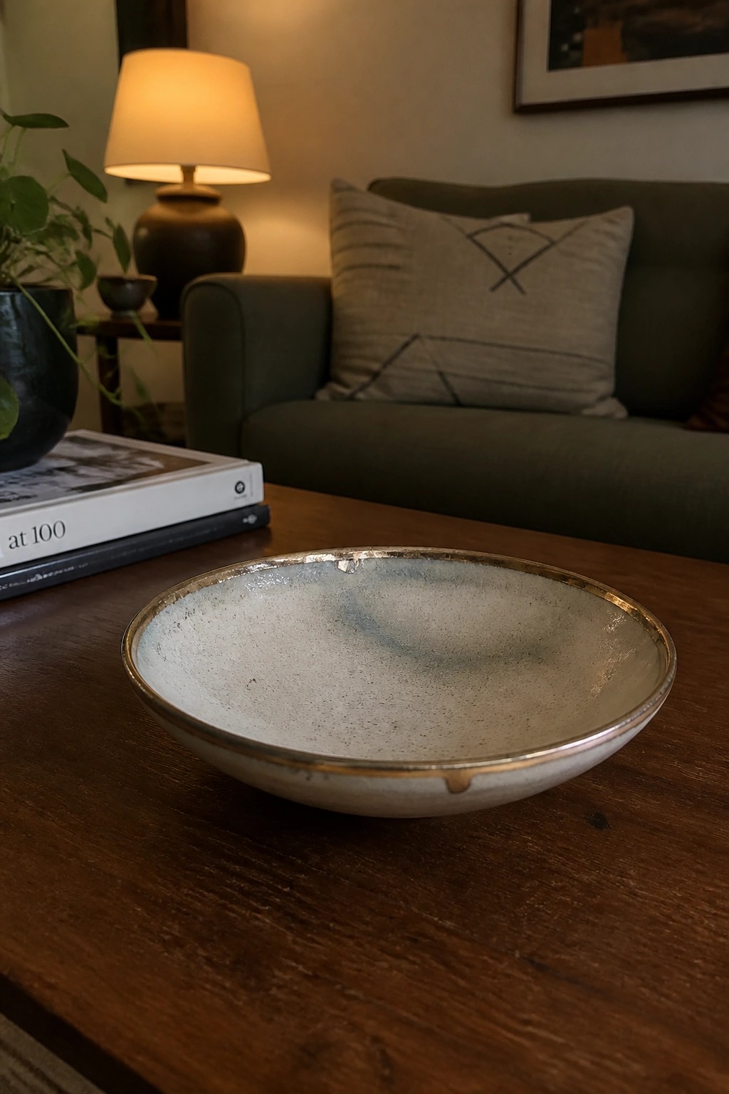 Speckled ceramic bowl with gold rim on wooden table in living room