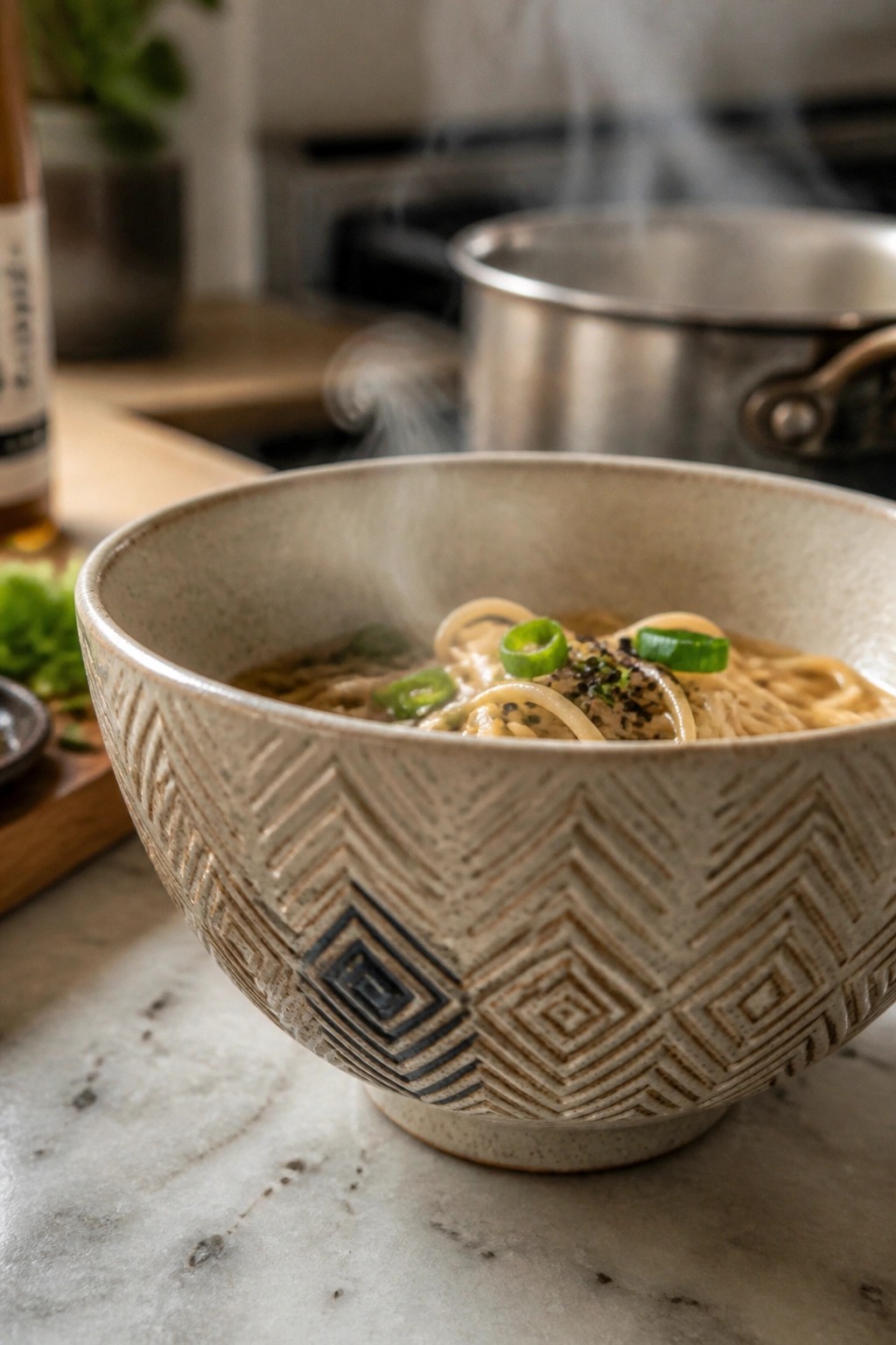Steaming ramen noodles with green onions in patterned ceramic bowl on marble counter.