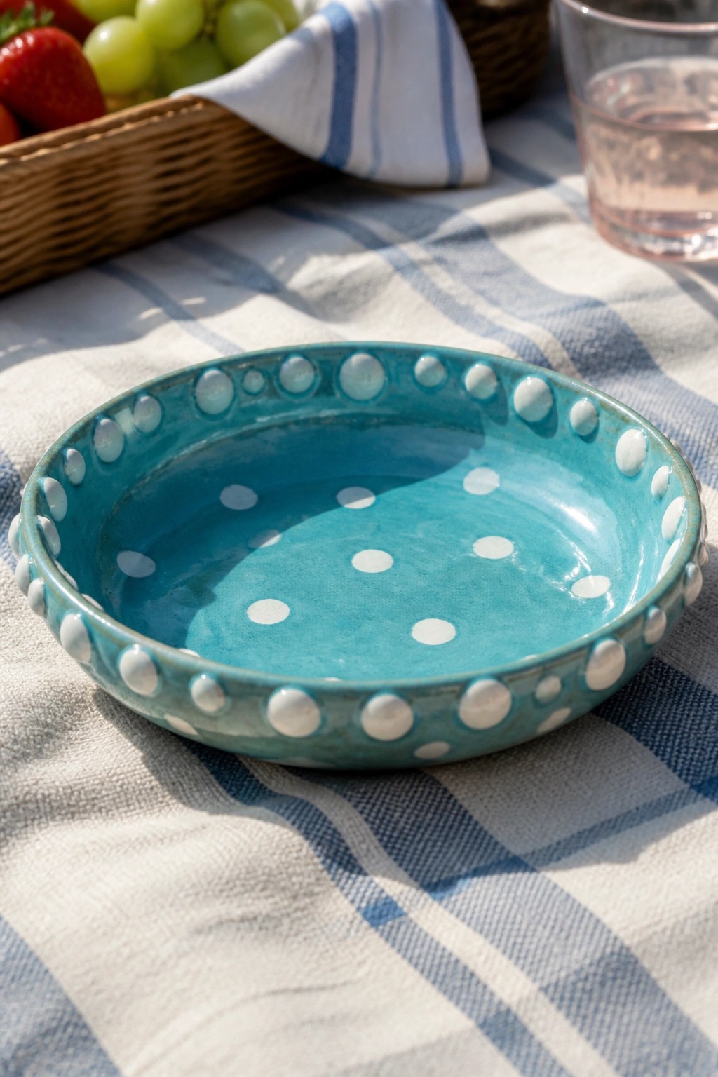 Turquoise polka-dot bowl on blue checkered picnic blanket with fruit basket.