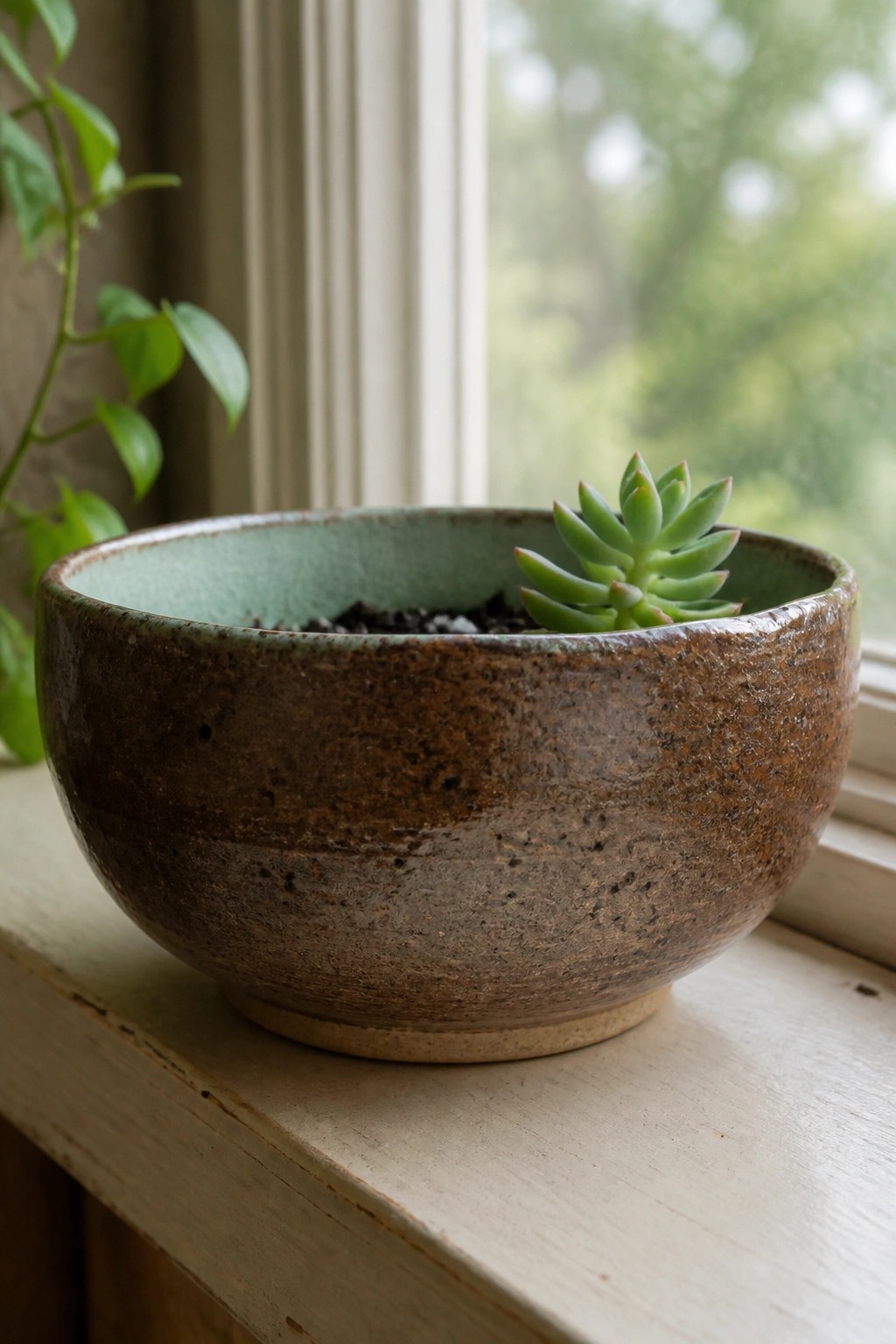 Brown ceramic bowl with green interior holding a small succulent on windowsill.