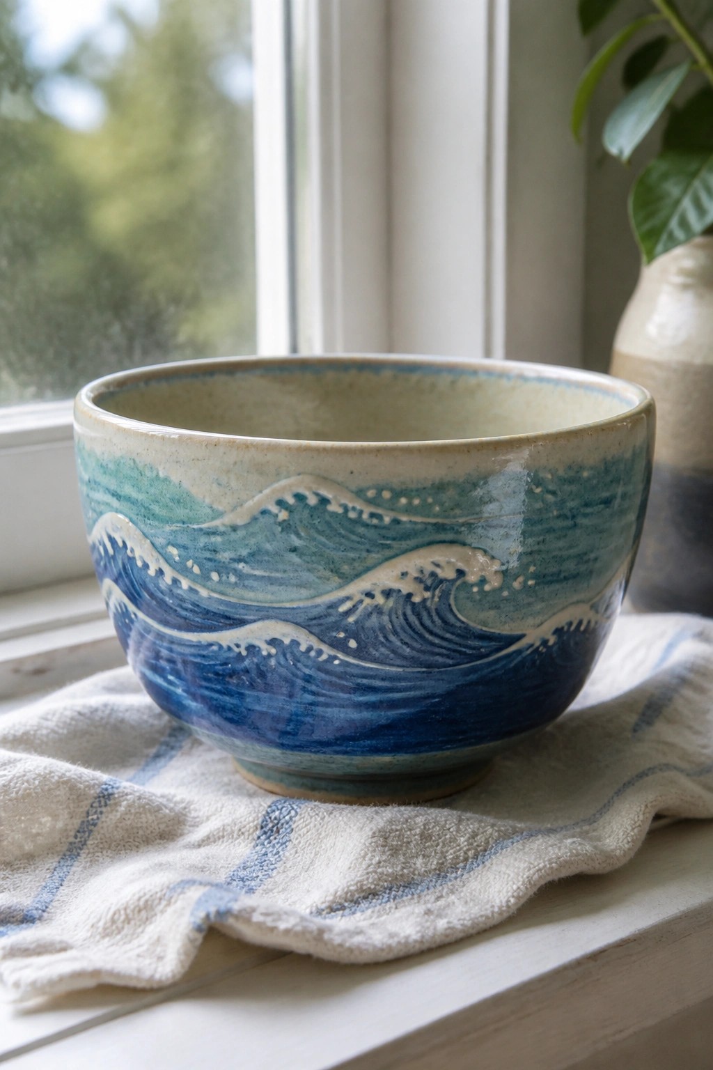 A ceramic bowl with blue wave designs sits on a striped cloth near a window.