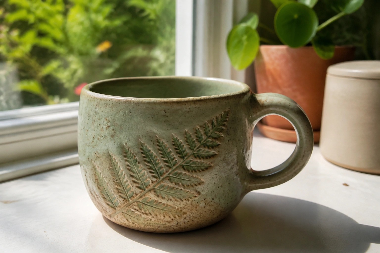 Green ceramic mug with embossed fern on a sunlit windowsill ledge