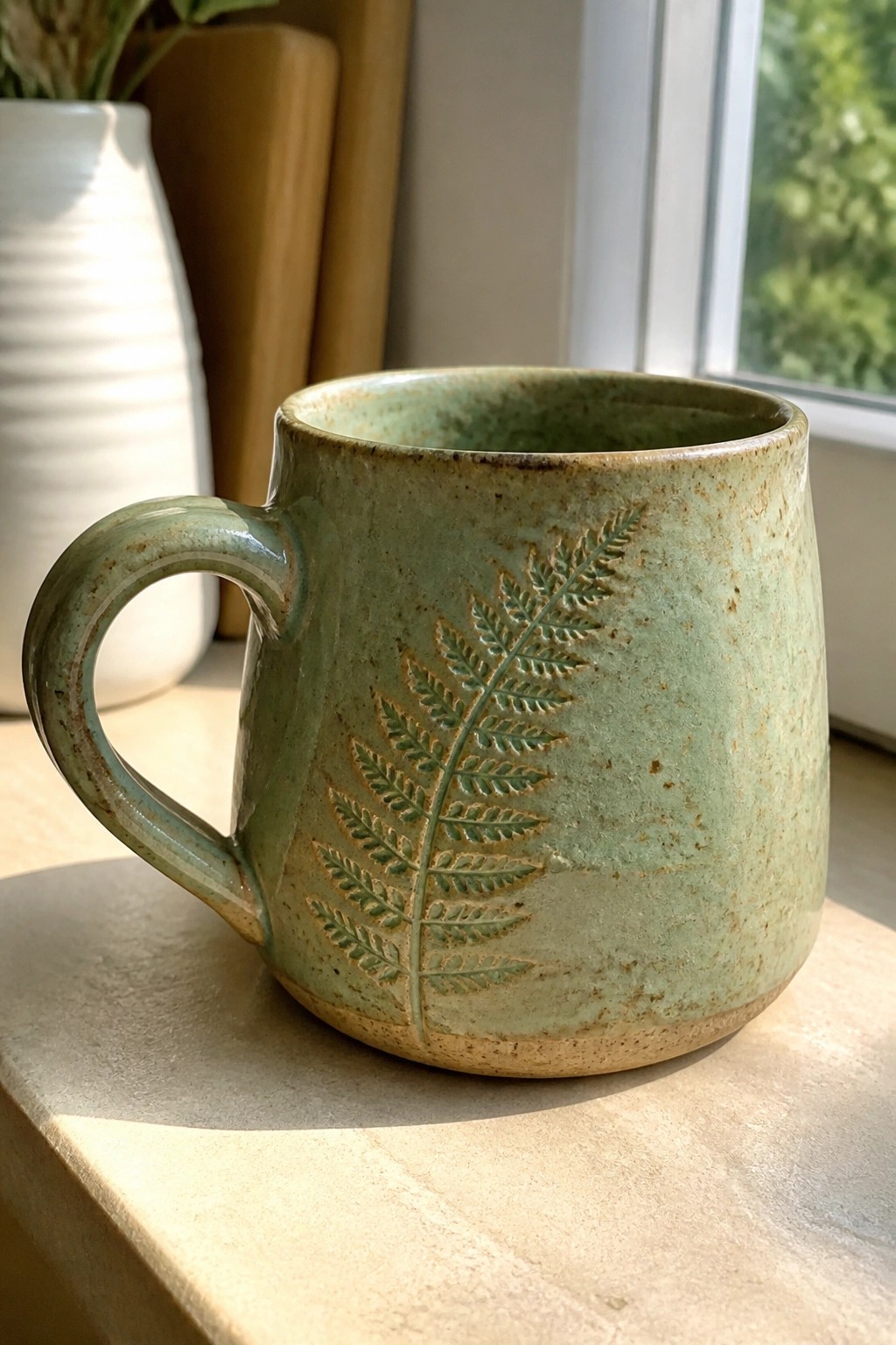 Green ceramic mug with embossed fern on a sunlit windowsill ledge
