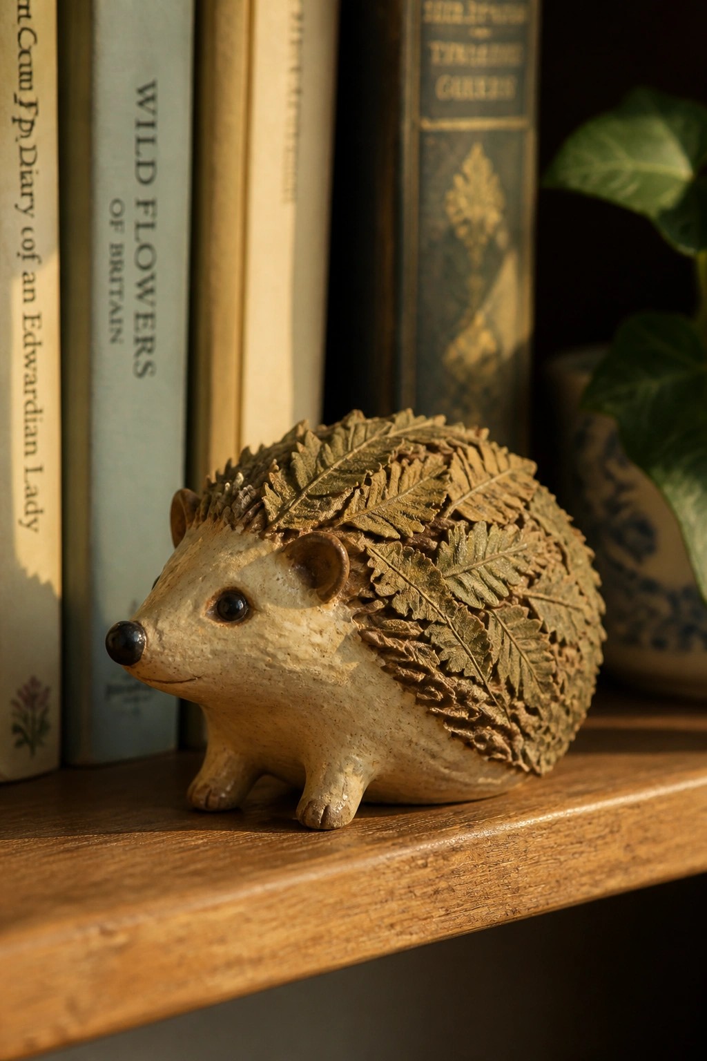 Ceramic hedgehog figurine with leaf spines on wooden shelf beside books