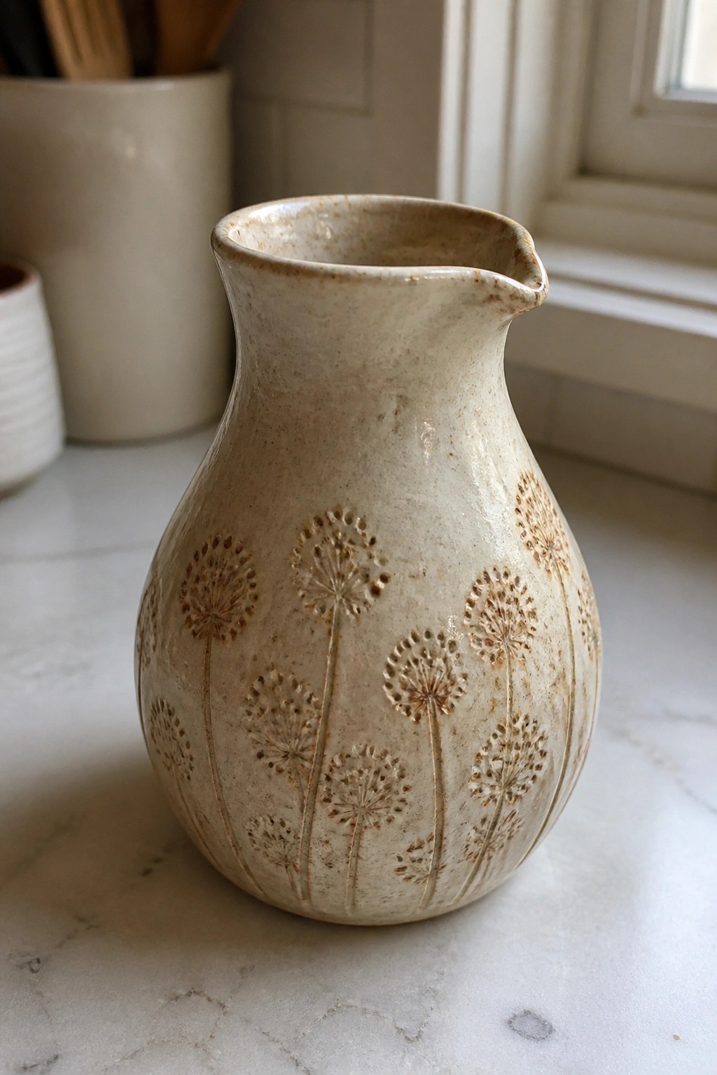 Beige ceramic pitcher with embossed dandelion patterns on marble countertop