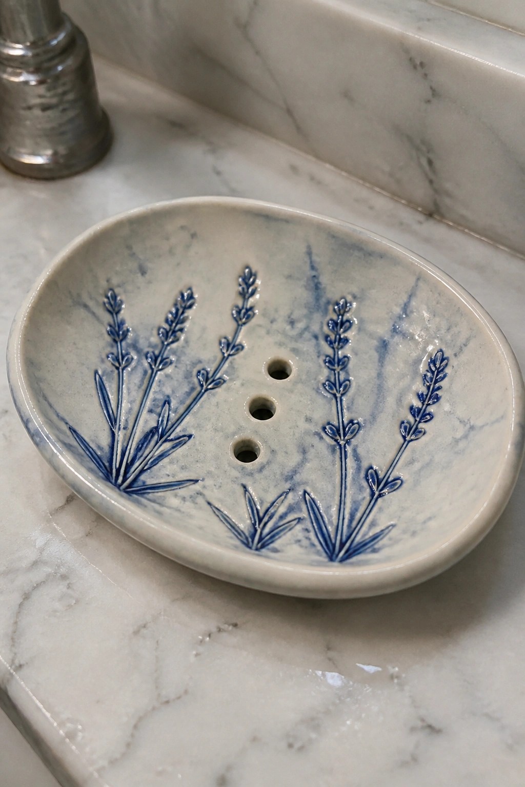 Oval white ceramic soap dish with blue lavender designs and drainage holes on marble counter