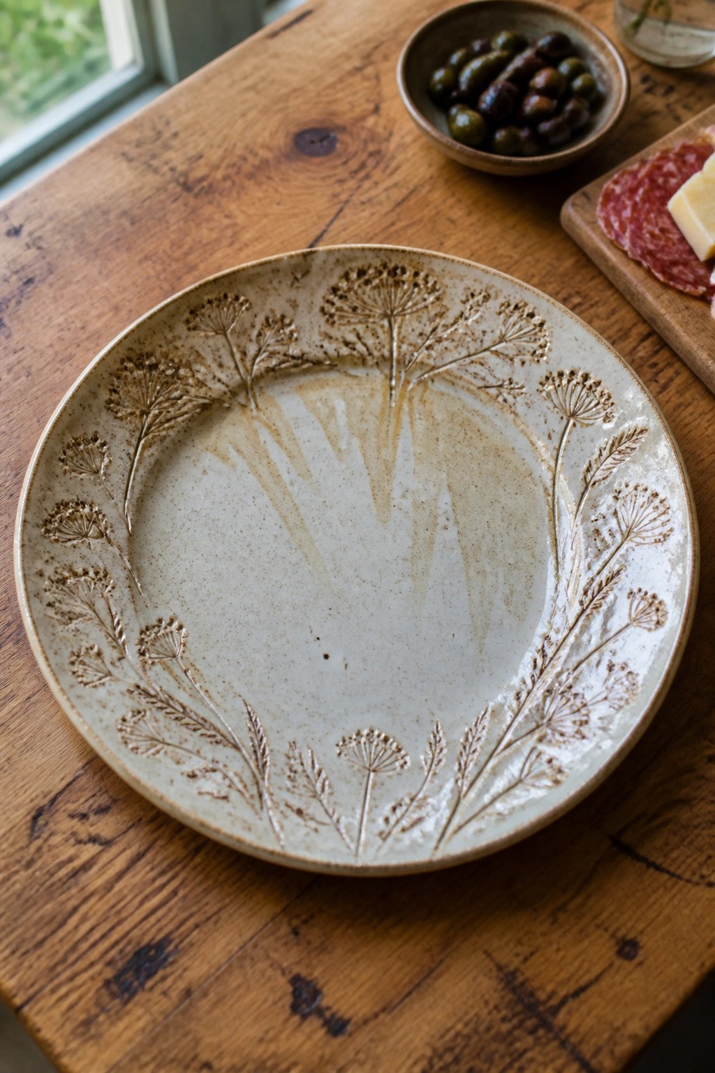 Ceramic plate with embossed wildflower patterns on wooden table beside olives and salami