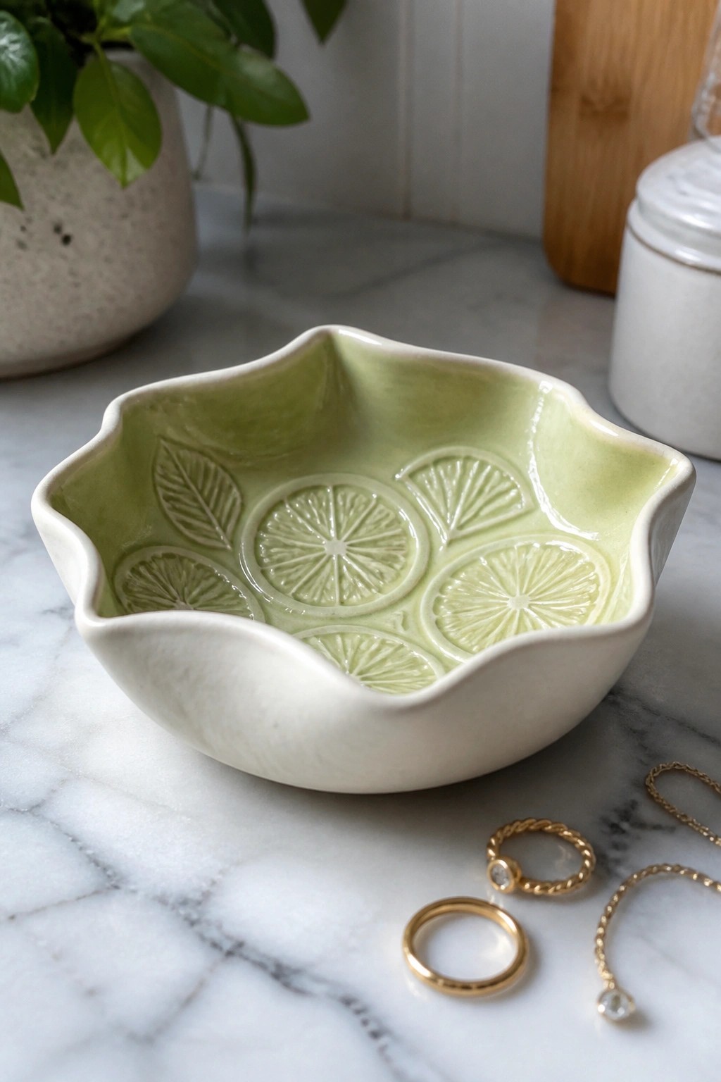 Green ceramic bowl with embossed lime slices beside gold rings on marble.