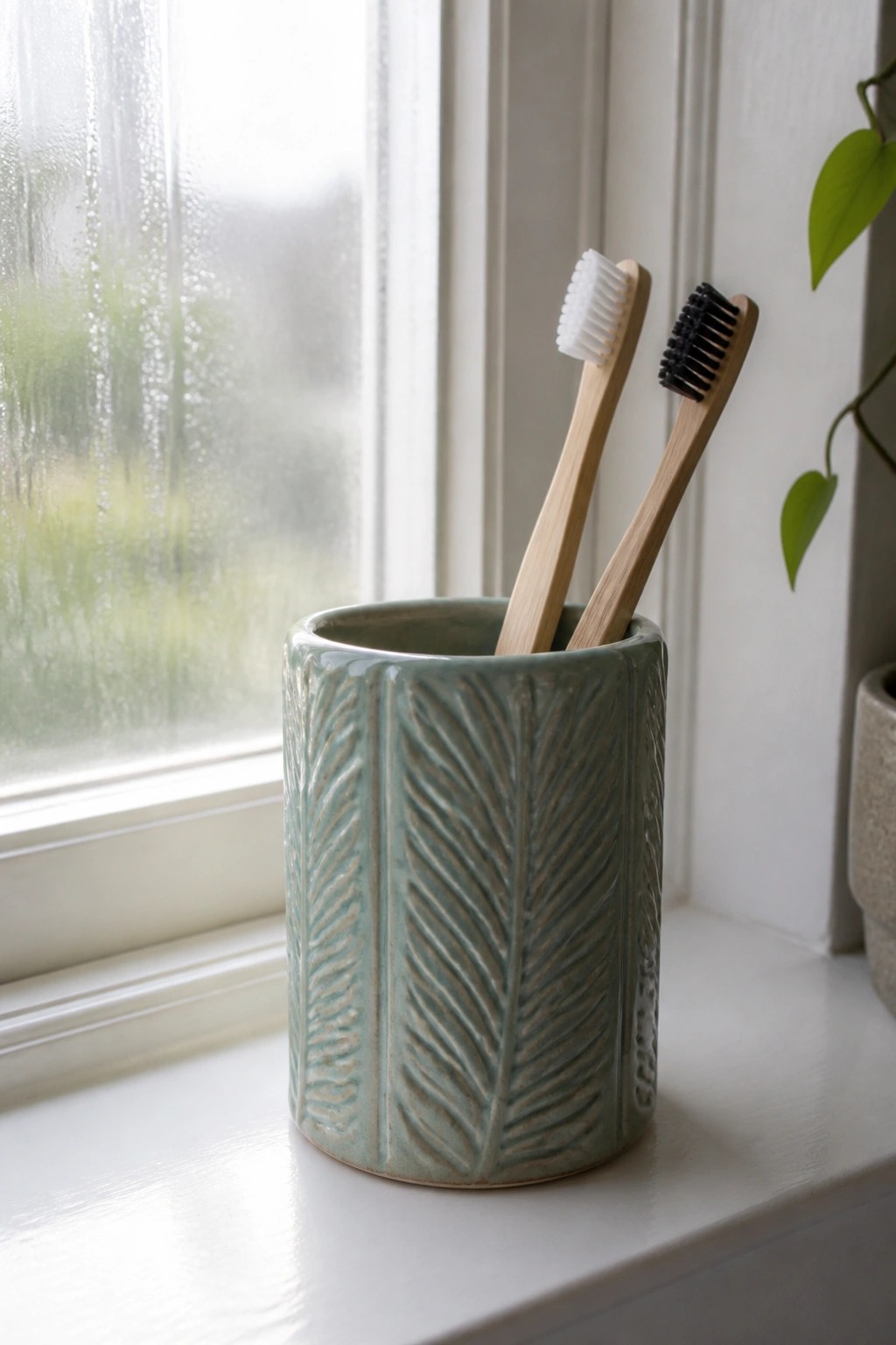 Two bamboo toothbrushes in a leaf-patterned green ceramic holder on a windowsill.