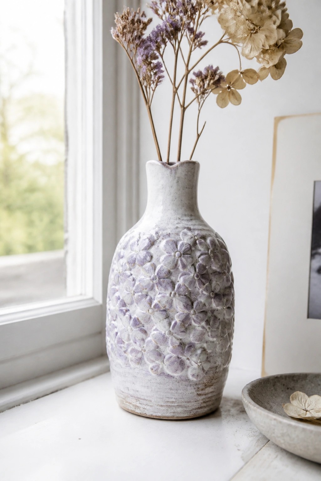 White ceramic vase with embossed purple flowers holding dried blooms on windowsill