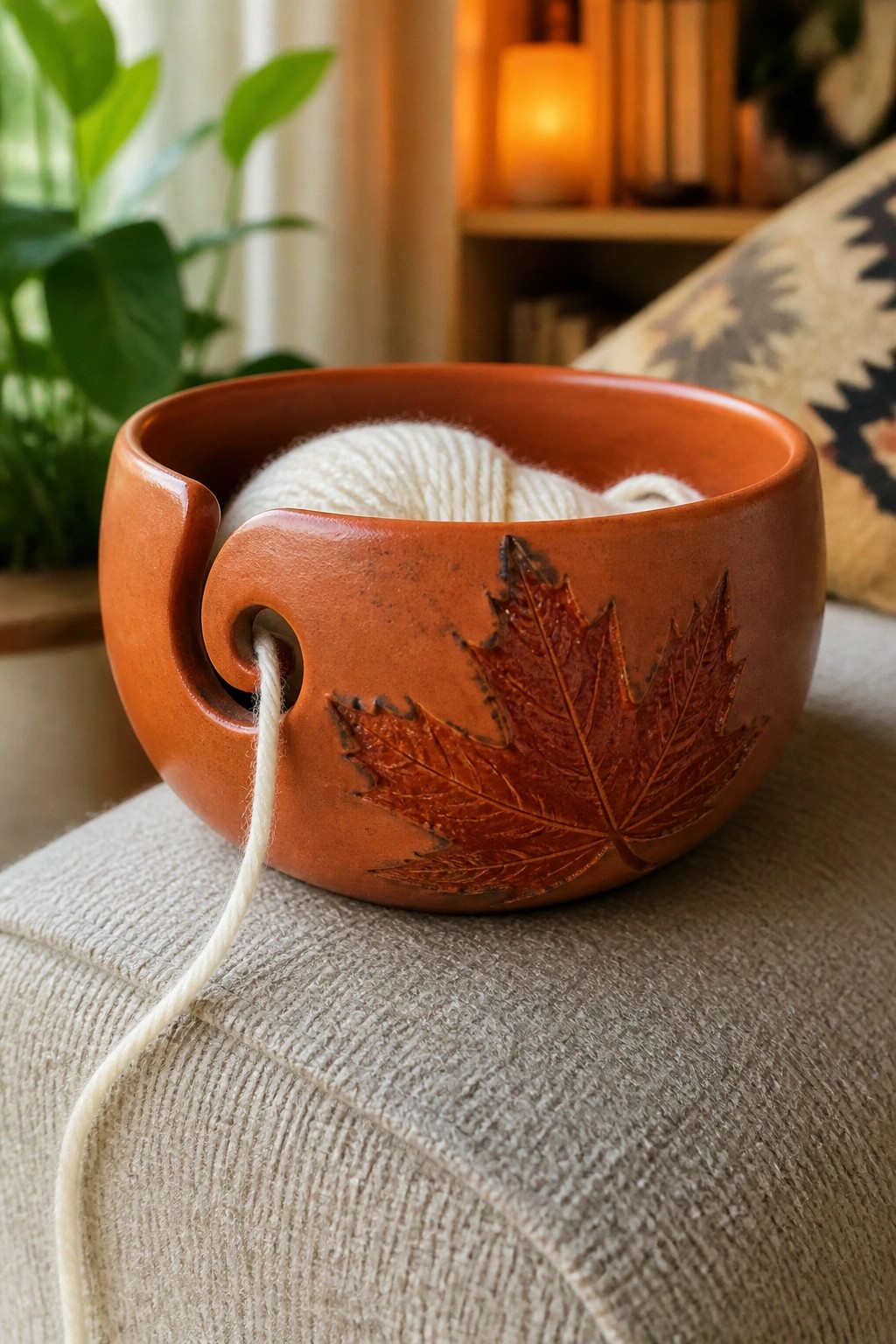Terracotta yarn bowl with maple leaf design holding white wool on beige couch