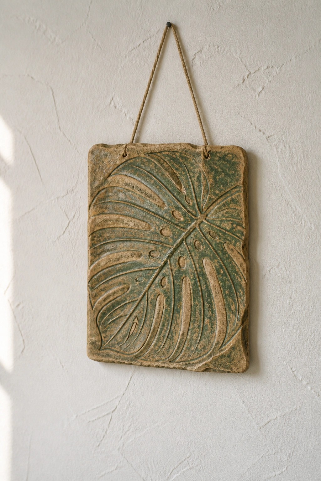 Ceramic tile with embossed green monstera leaf hanging by rope on white wall