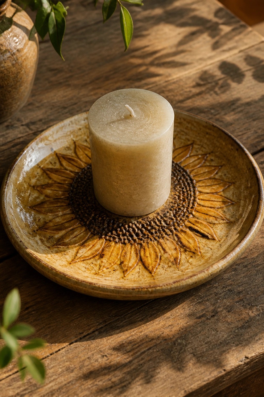 Beige pillar candle on sunflower-embossed ceramic plate atop rustic wooden table