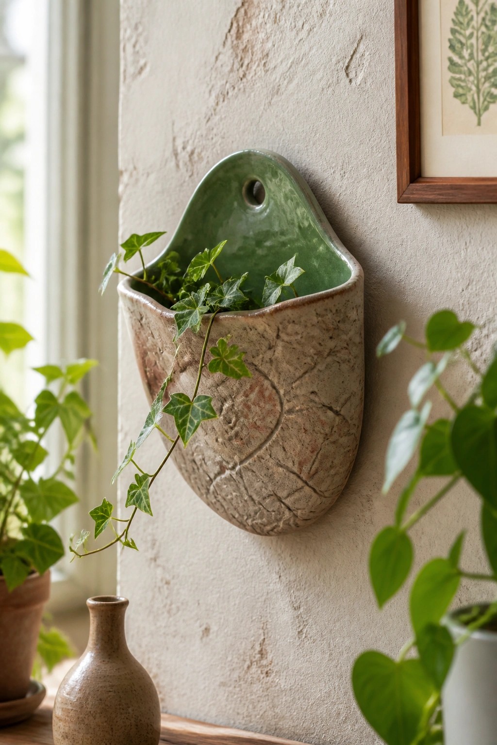 Green ceramic wall planter with trailing ivy on textured beige wall