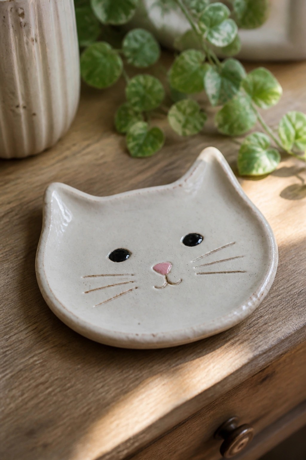 Ceramic cat face dish with black eyes, pink nose, and whiskers on wood