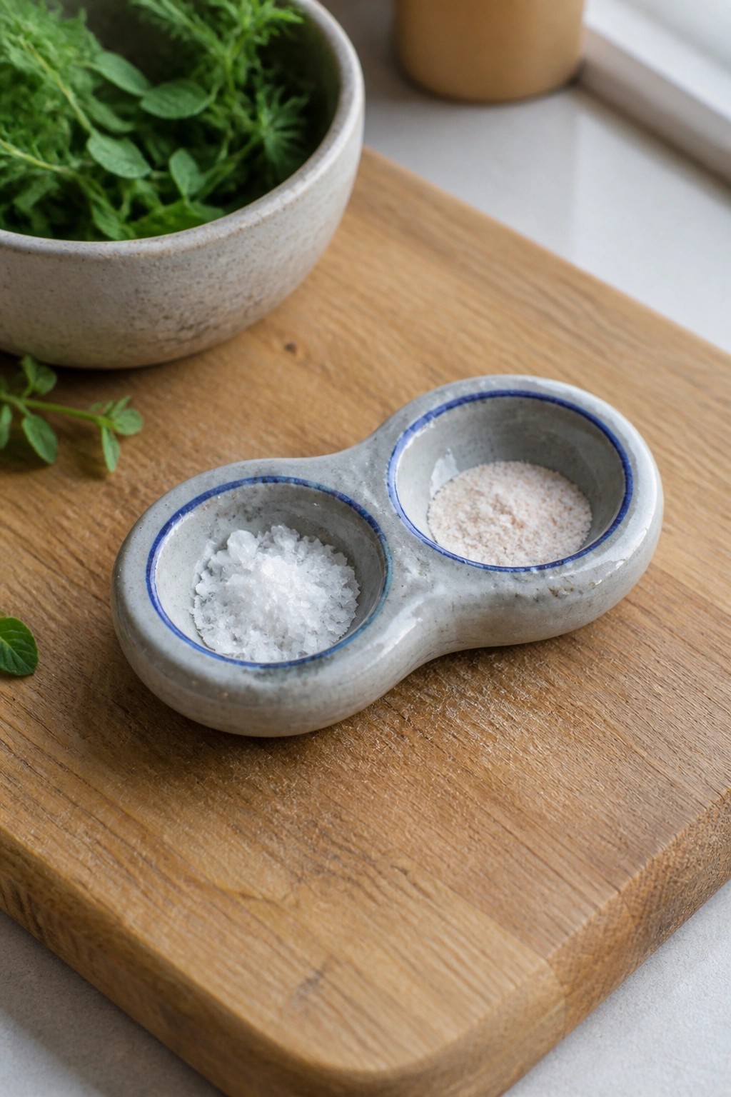 A small handmade ceramic double bowl with two compartments sits on a wooden cutting board, one holding coarse white salt and the other a light pink seasoning, next to a bowl of fresh herbs.