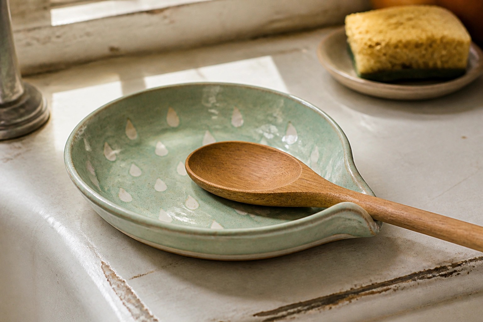 A light green ceramic spoon rest with white teardrop patterns holds a wooden spoon on a white windowsill.