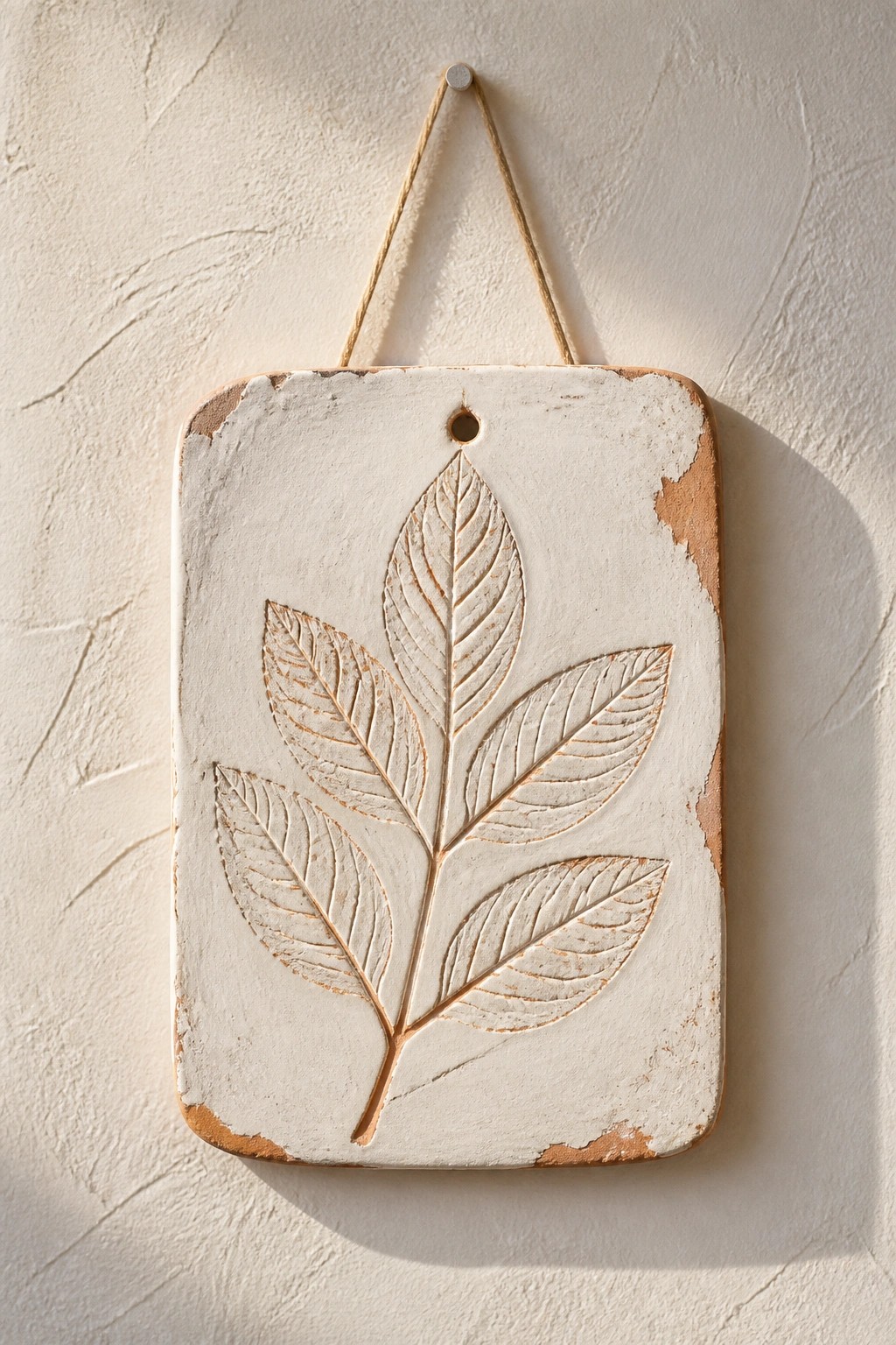 White rectangular plaque with embossed leaves hanging by twine on textured wall