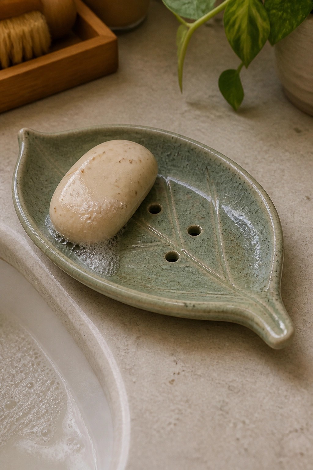 Wet soap bar on green leaf-shaped ceramic dish beside bathroom sink