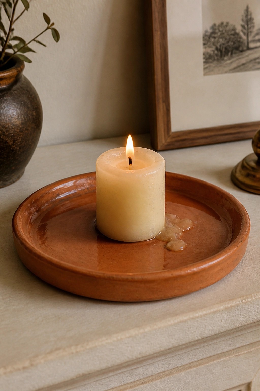 Lit cream candle melting on rustic terracotta plate with dripping wax