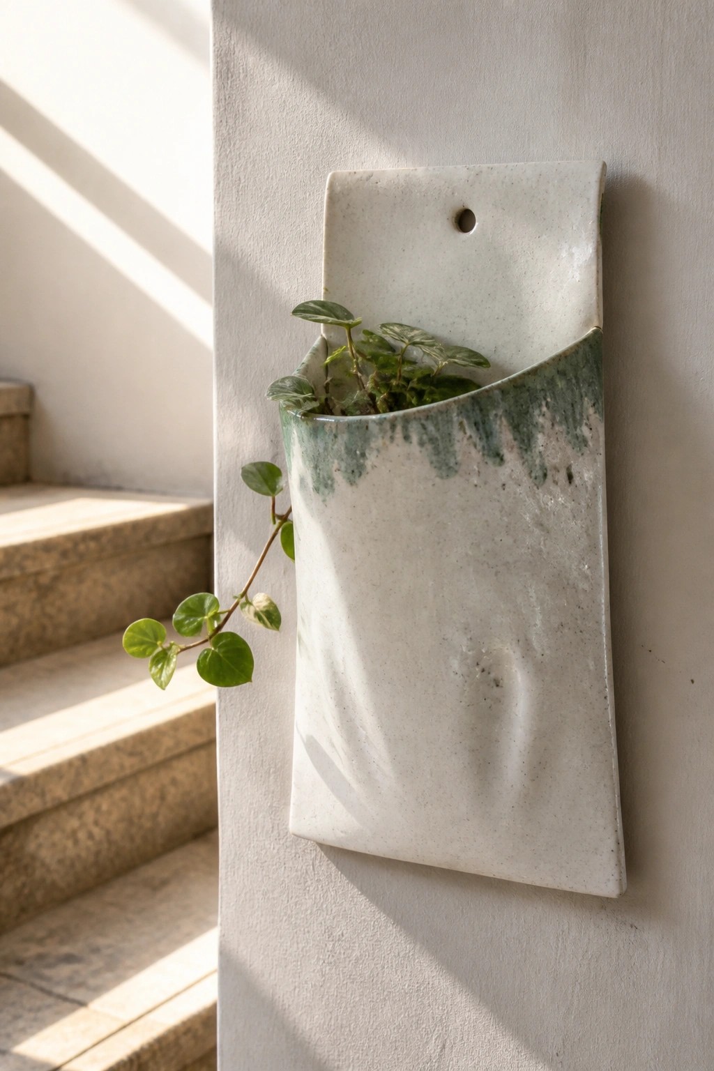 Ceramic wall pocket planter with green plant on sunlit white wall
