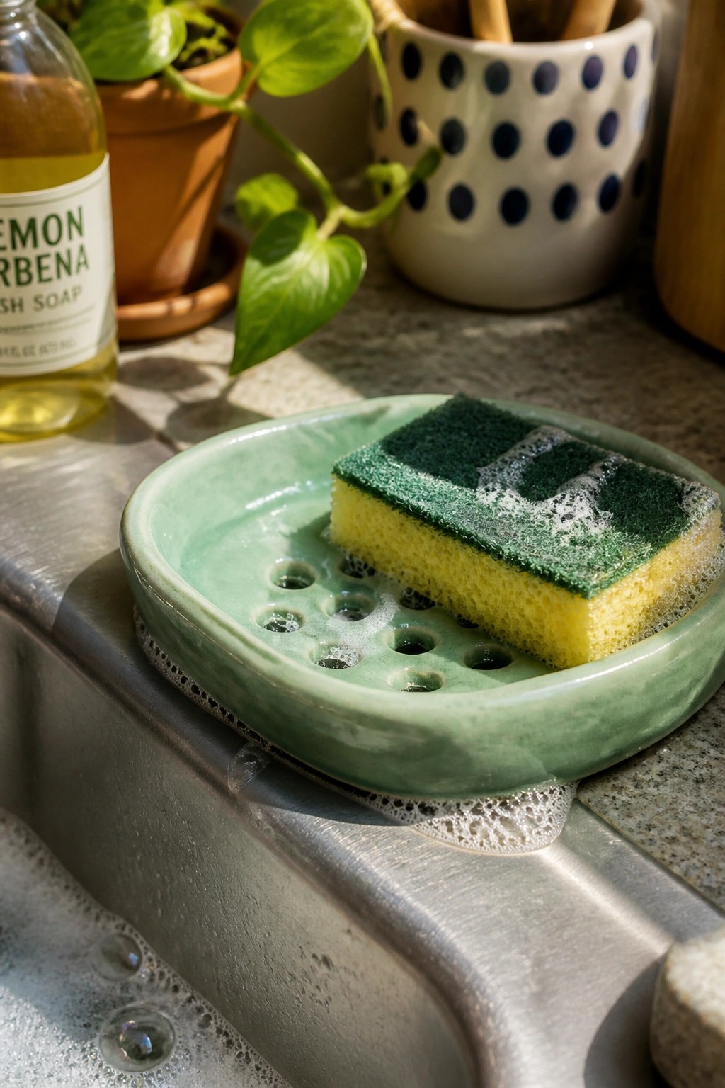 Green sponge with suds in ceramic dish on stainless steel sink