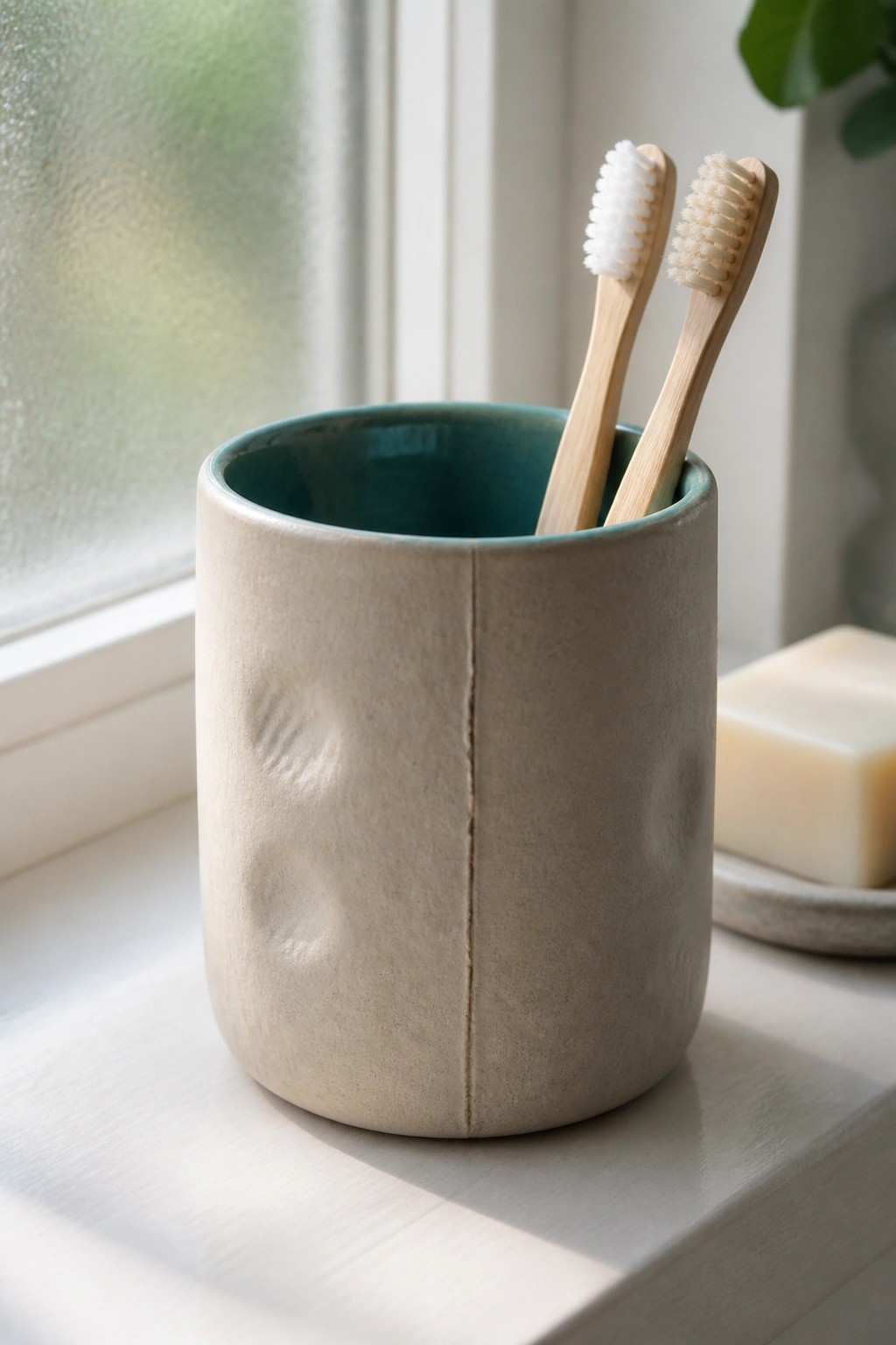 A beige ceramic cup with a teal interior holds two bamboo toothbrushes on a windowsill next to a bar of soap.
